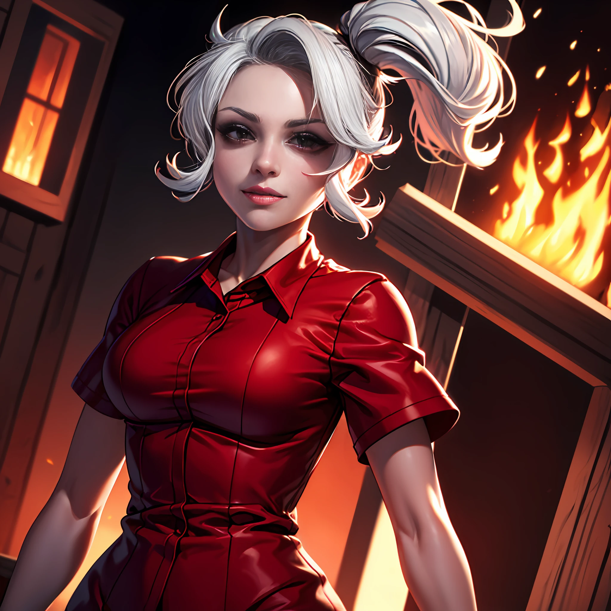 ((Extreme detailing)),(Ultra-detailed),(painting), chiaroscuro, extremely detailed CG unity 8k wallpaper, Best Quality, Portrait,treachery,hell,Fire in the background,Red shirt,Smokey Sky, full - body, (red dress),1girl, 独奏, solo girl