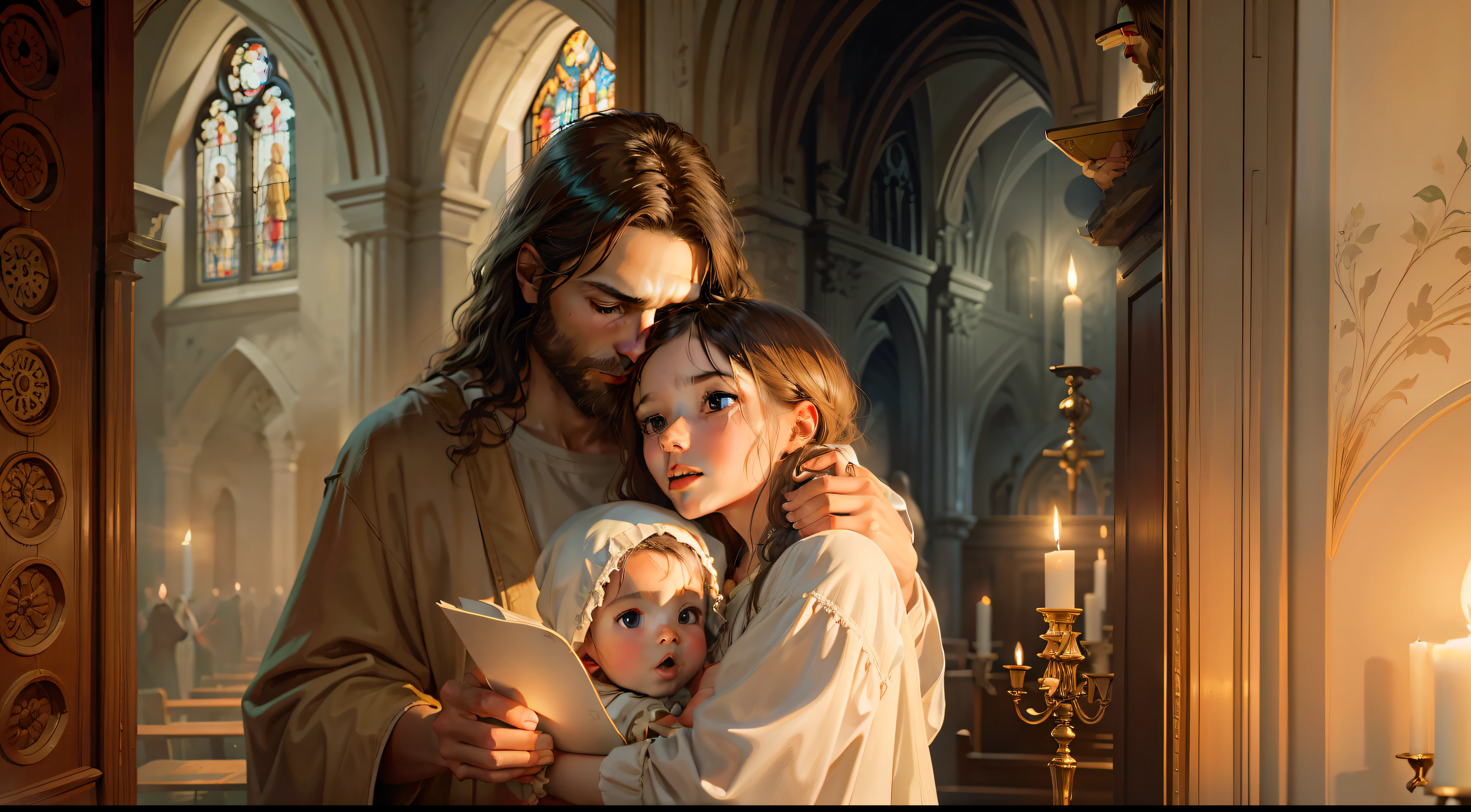 [a realistic painting of Jesus holding a child inside a candlelit church]