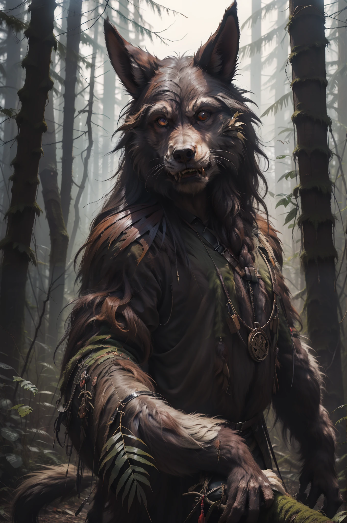 Black werewolf，hunters，belve，Wear a hunting suit，Tall，Look back，bucktooth