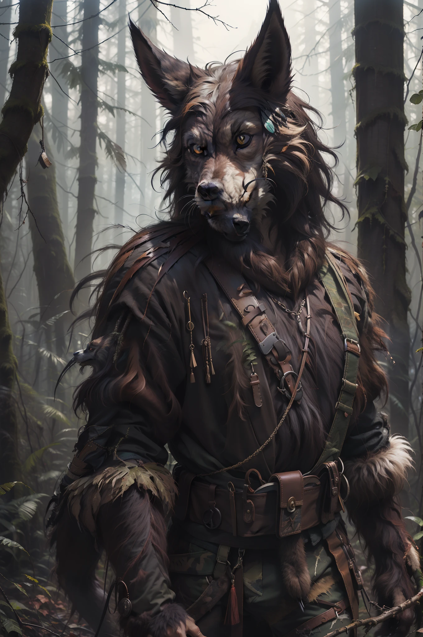 Black werewolf，hunters，belve，Wear hunting clothing，Tall，Look back，buck teeth，jungles，火焰，the detail，k hd