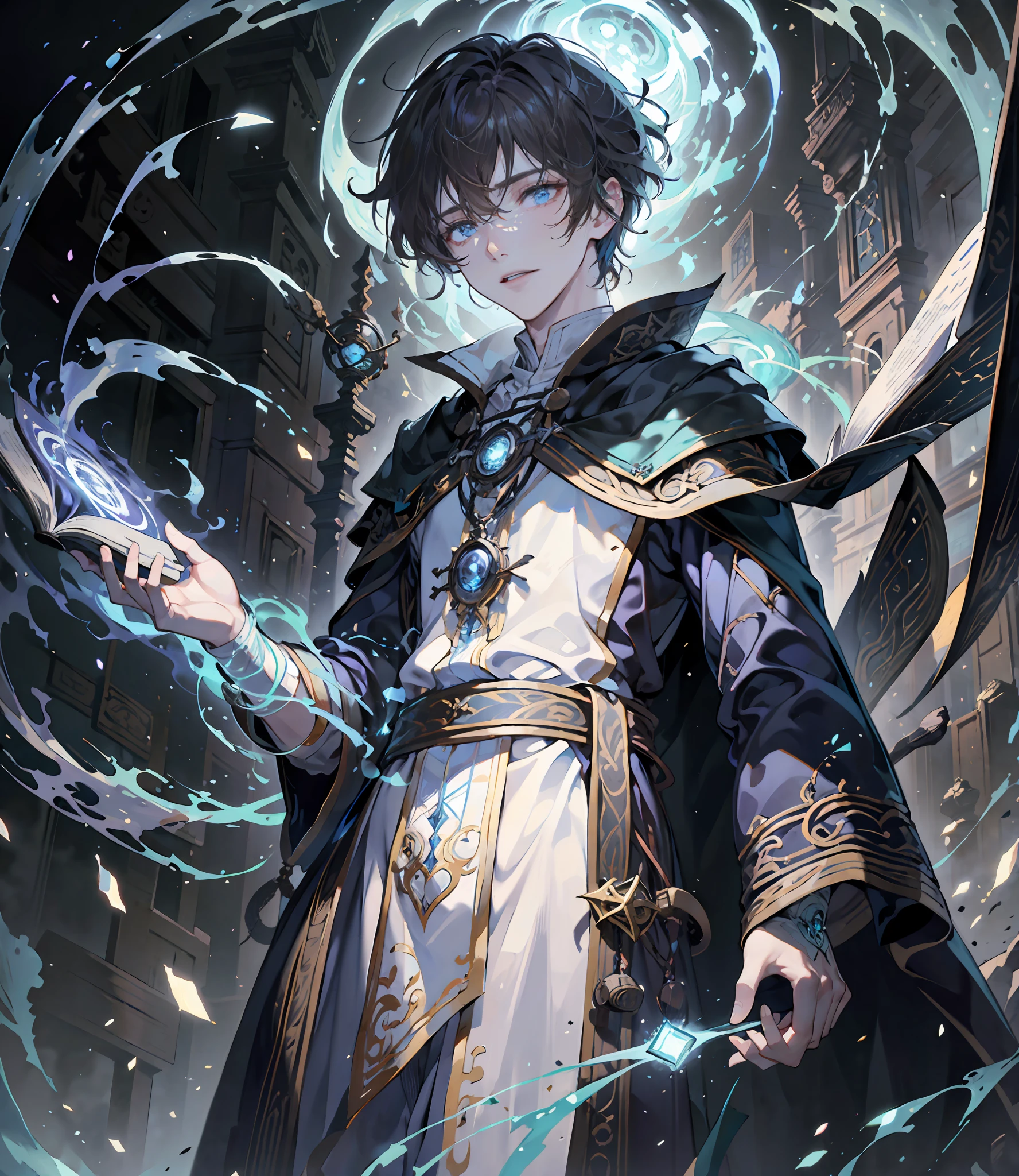 (absurderes,A high resolution,ultra - detailed), tmasterpiece, Best quality at best, A boy dressed in white, Hold the book, cloaks, the witcher, 独奏, handsome, short detailed hair, Brown hair, Gray eye, glowing light eyes, glowing effect, Cyan wind swirl, Fine Eye, 详细的脸, spark of light, swirles, Magic Vortex, Isolated land background, looking down from below,