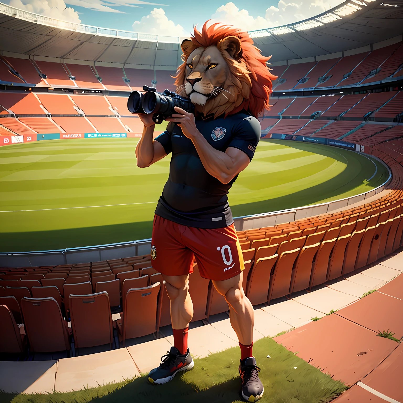 lion using full body binoculars, debochado, cartoon, luzes azuis e vermelhas, Soccer Stadium, digital art --auto