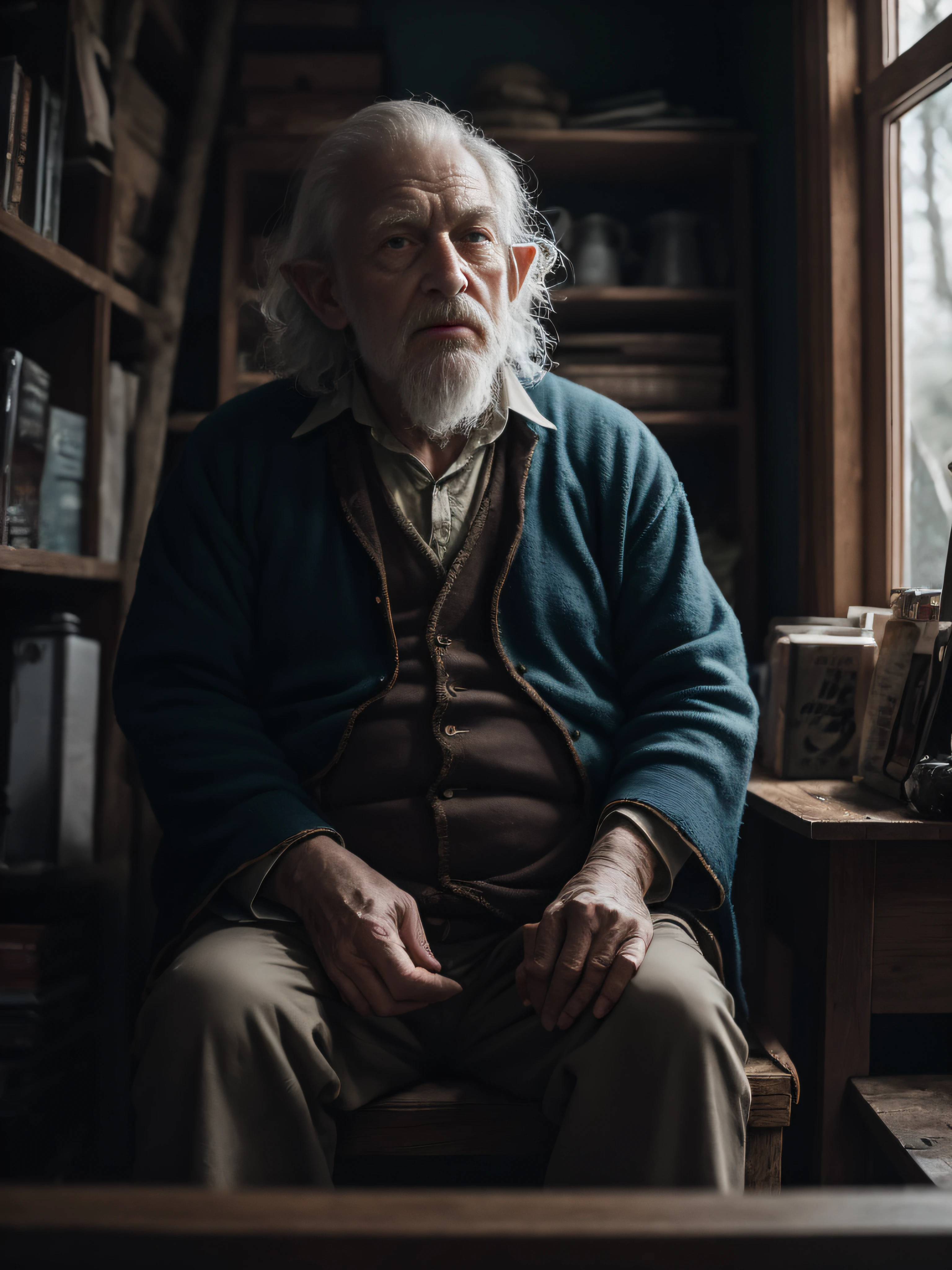 cinematic portrait photo of a very interesting old hobbit inside his house sitting comfortably on old chair, white curly hair, wide bushy sideburns, medium shot, highly detailed vfx portrait, taken with a full frame camera with a wild lens, in his hobbit home, lord of the rings design