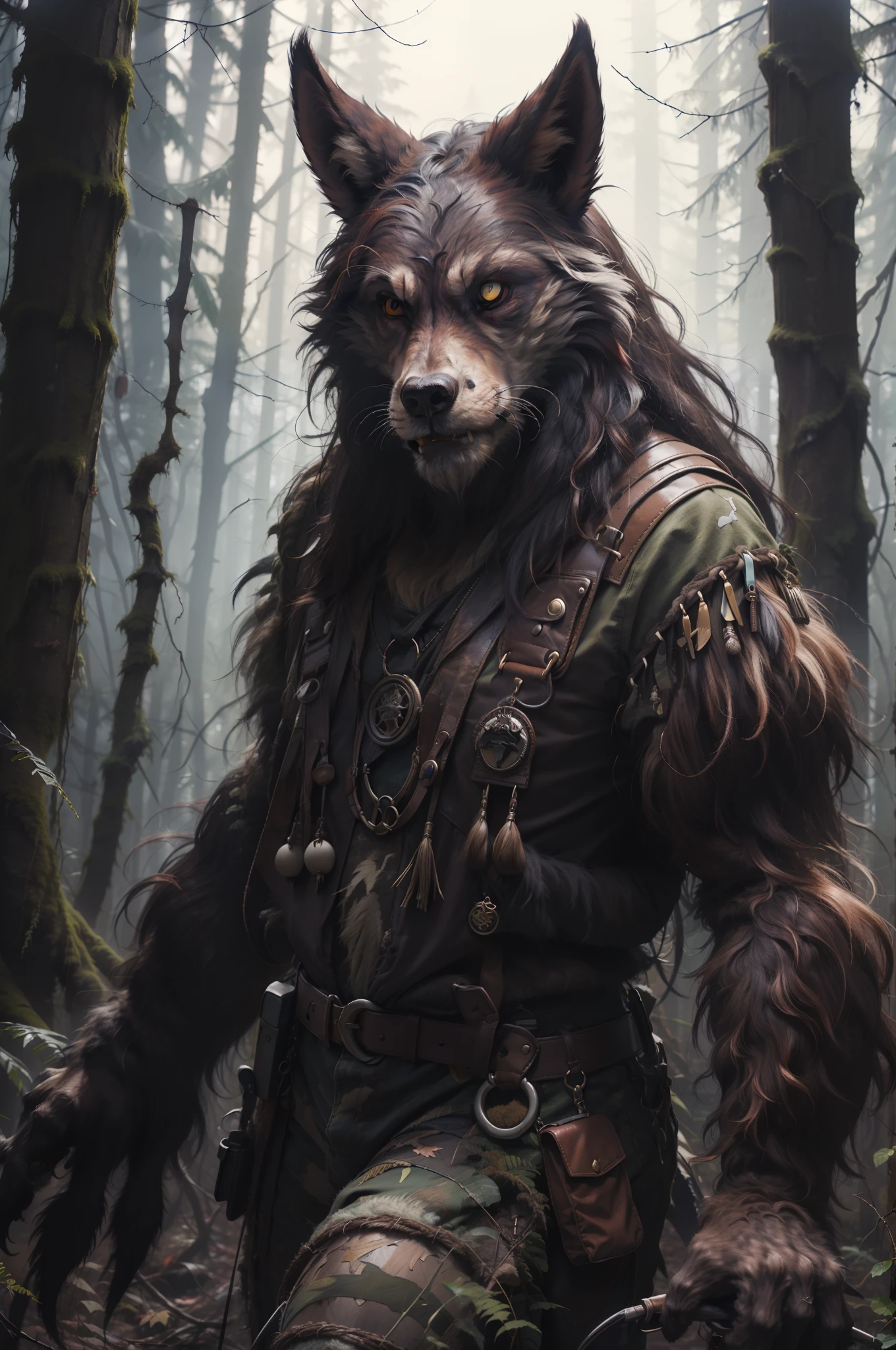 Black werewolf,hunters,belve,Wear a hunting suit,Tall,Look back,bucktooth