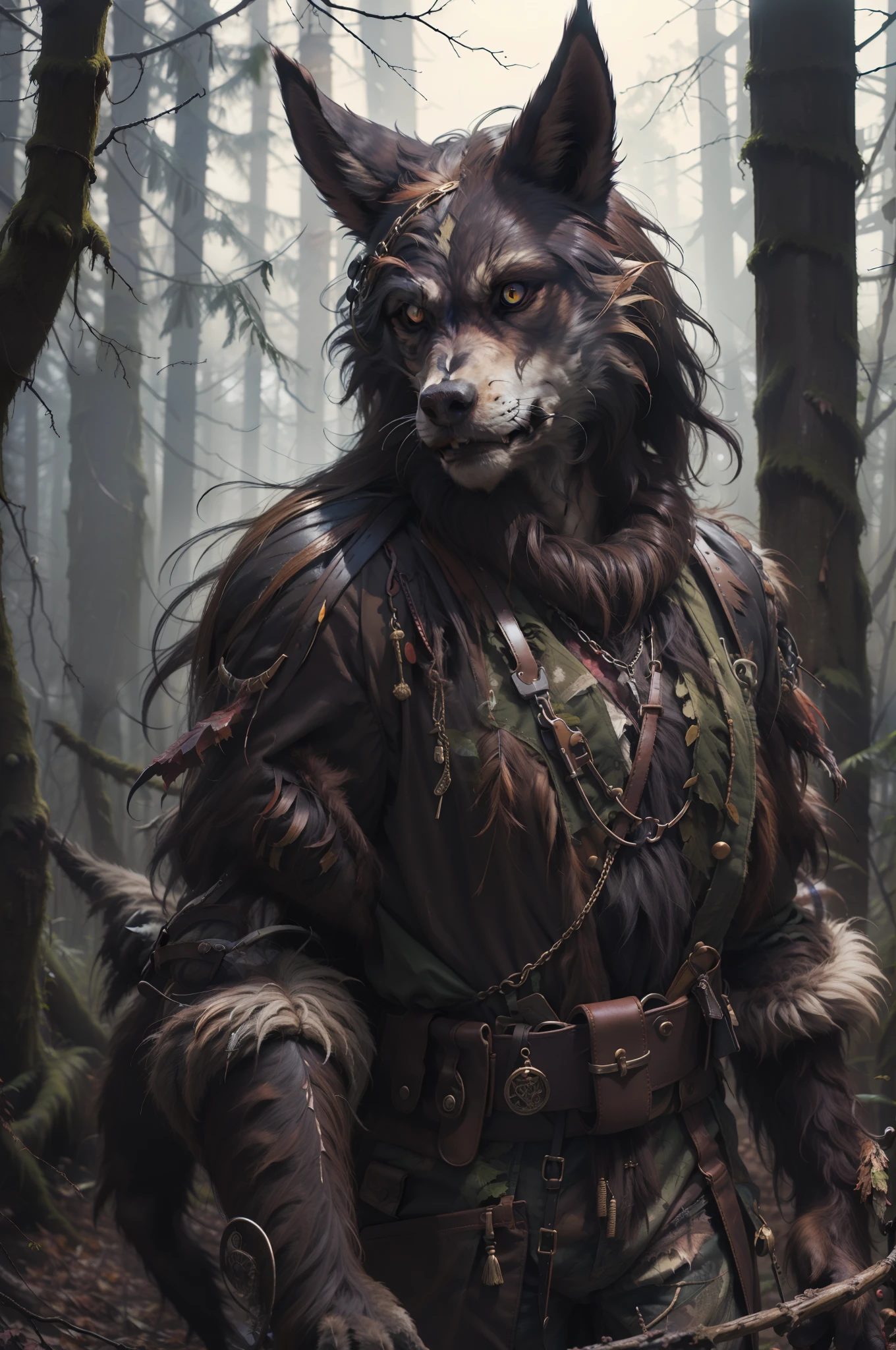 Black werewolf，hunters，belve，Wear a hunting suit，Tall，Look back，bucktooth