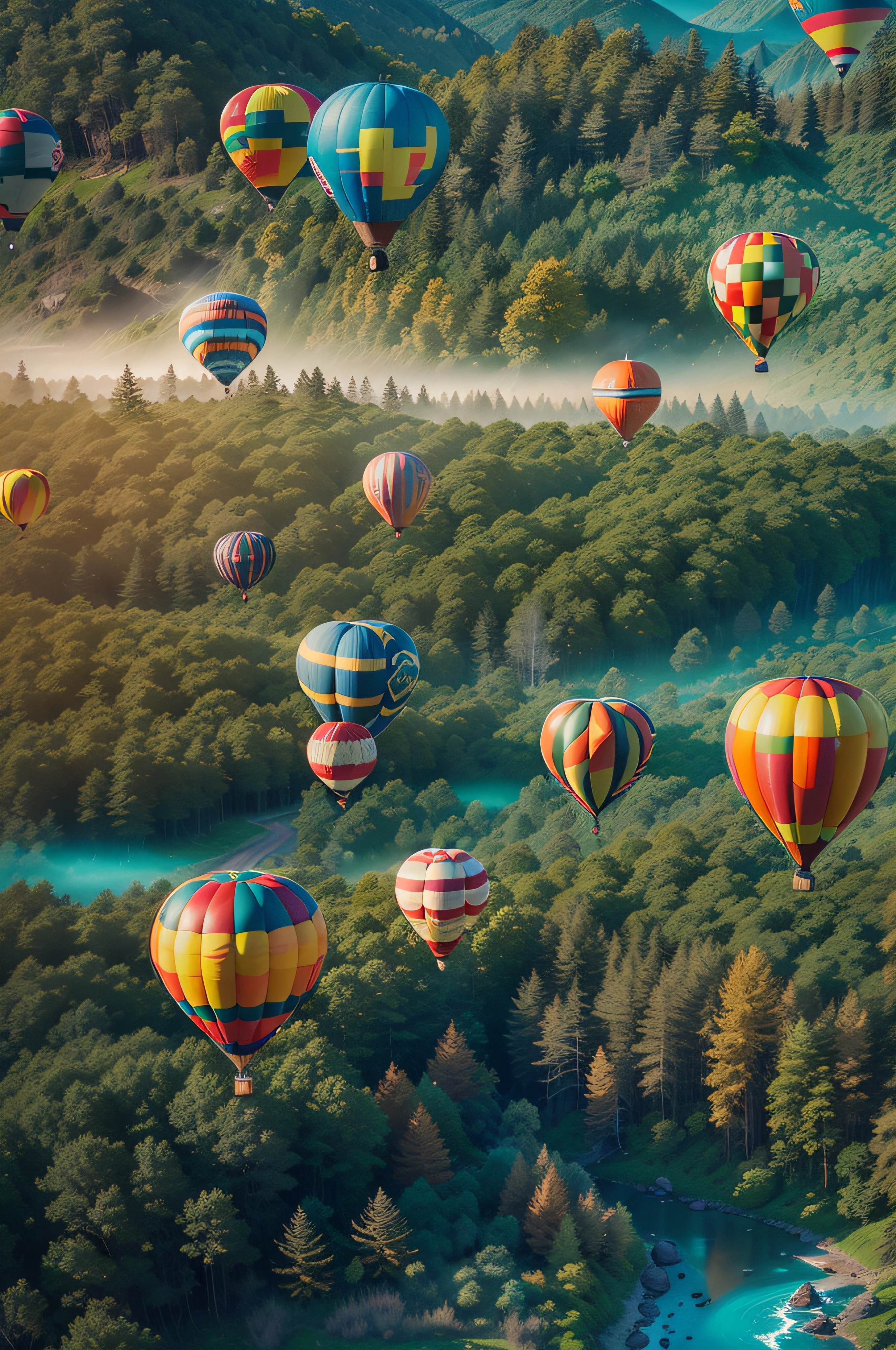 aerial photography, double exposure photography, wide shot of many hot air balloons floating in the blue sky over the forest, best quality, masterpiece, ultra high res, photorealistic, intricate details, colorful, rich color, dramatic lighting, cinematic, nature photography