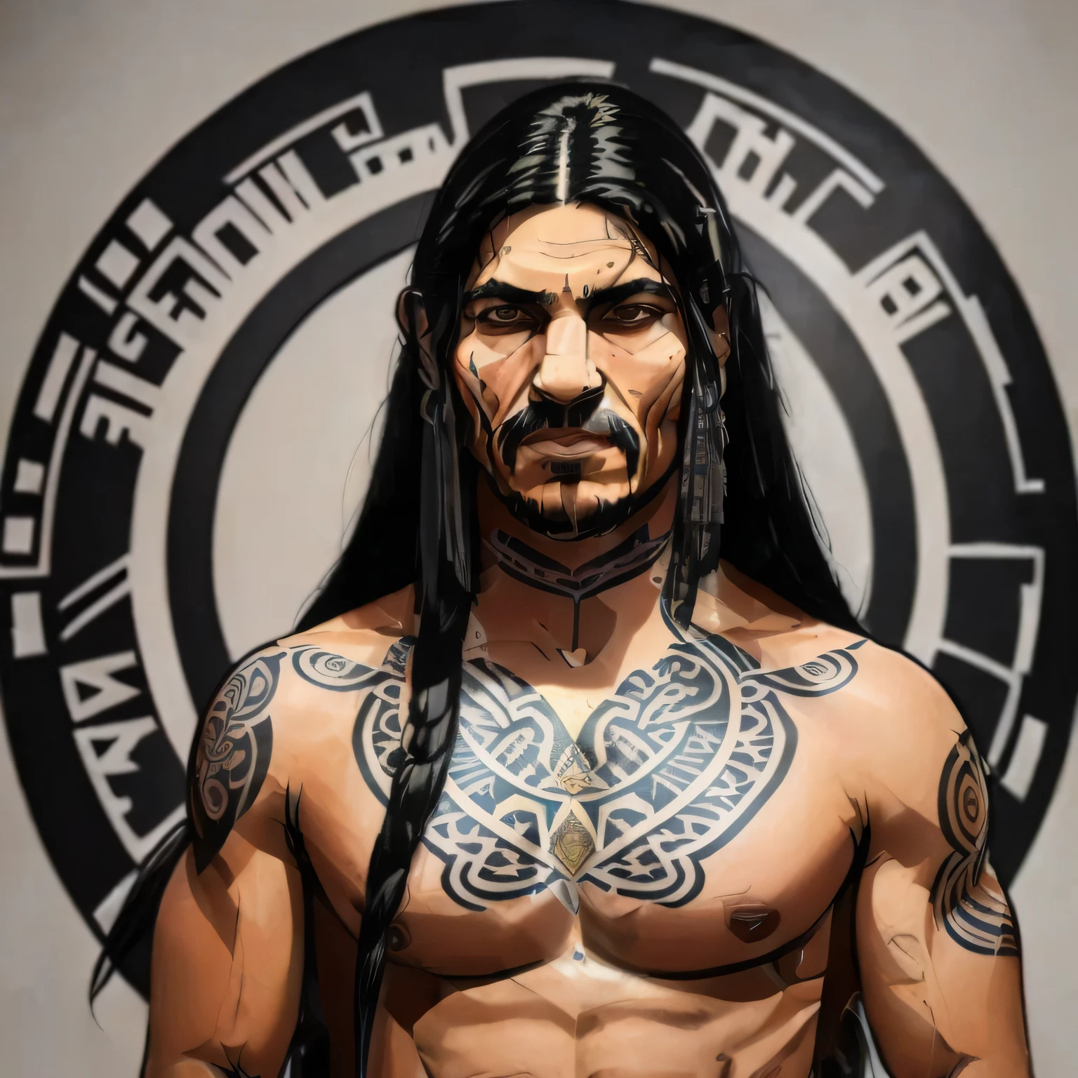 (extremamente detalhado e realista, max quality, obra-prima), Portrait of an Indian with long black hair, Athletic body with tribal tattoos all over the body.