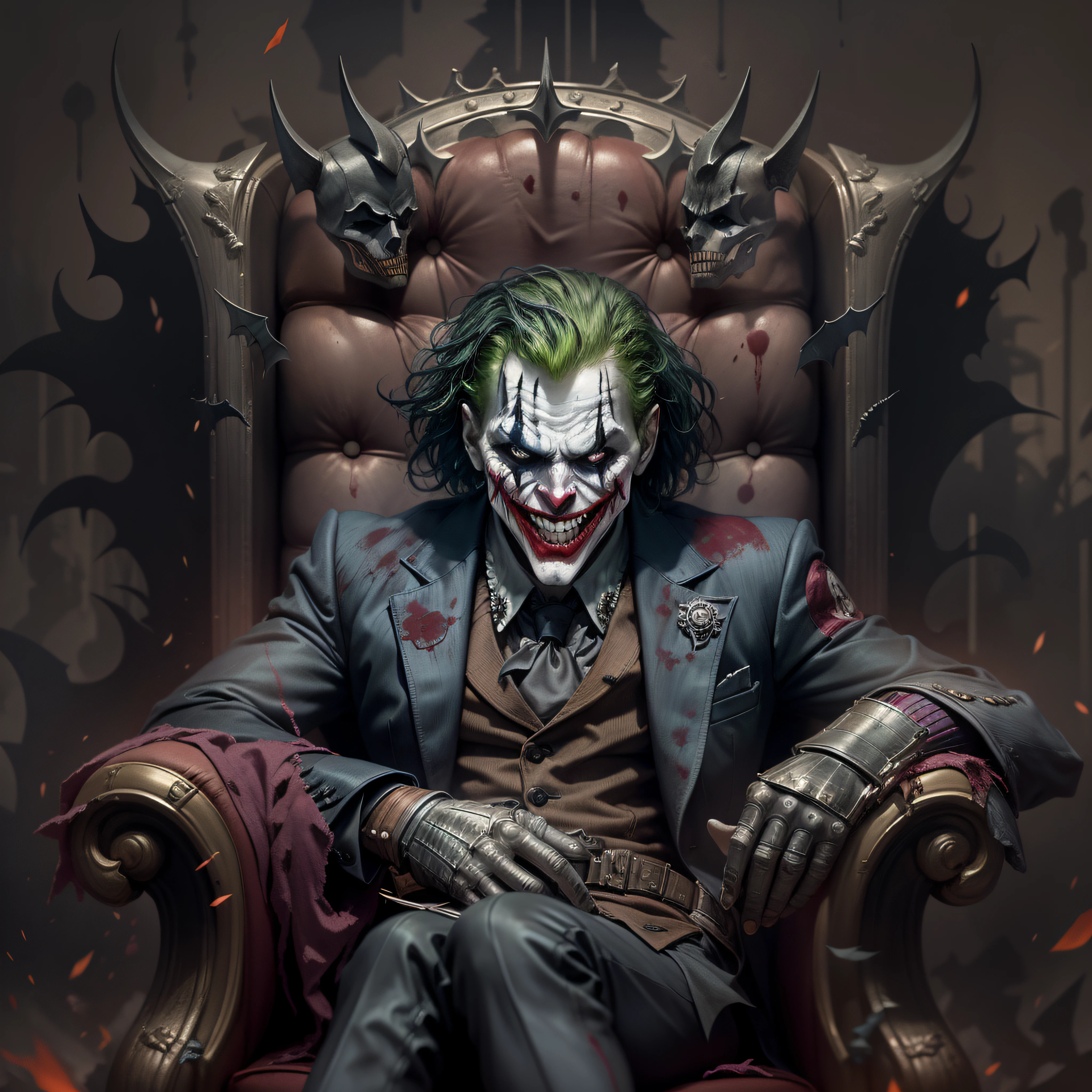 "The Joker's demonic character, The character is sitting in an armchair made of skulls a sinister smile,corpo altamente bem feito, blood tears, sombrio, qualidade excepcional, multiple facial scars, Gothic style in dark samurai armor, inspirado no Batman que Ri."