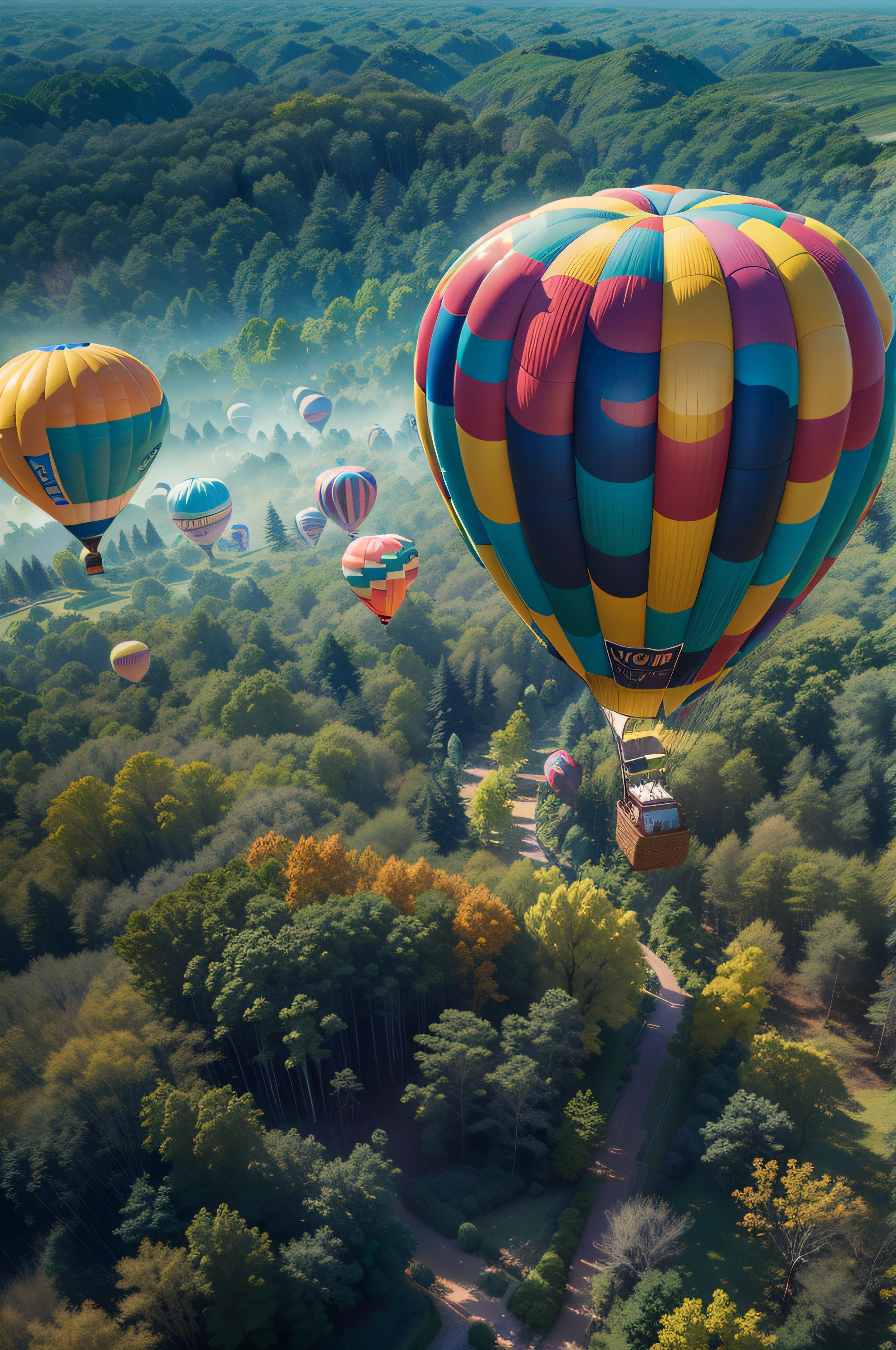 aerial photography, double exposure photography, wide shot of many hot air balloons floating in the blue sky over the forest, best quality, masterpiece, ultra high res, photorealistic, intricate details, colorful, rich color, dramatic lighting, cinematic, nature photography