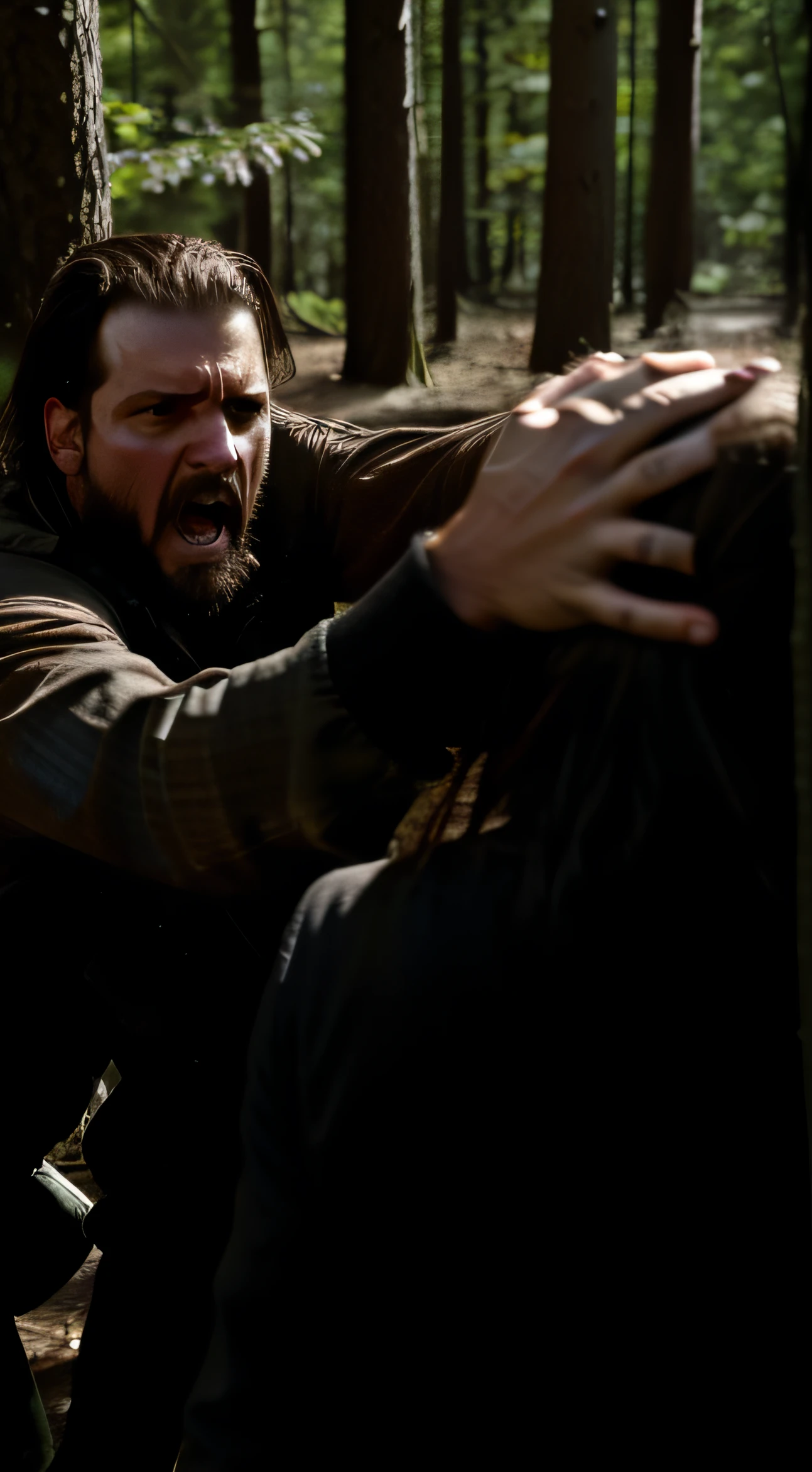 Group of people became paranoid, aggressive, and violent. They attacked each other, The background is in the forest