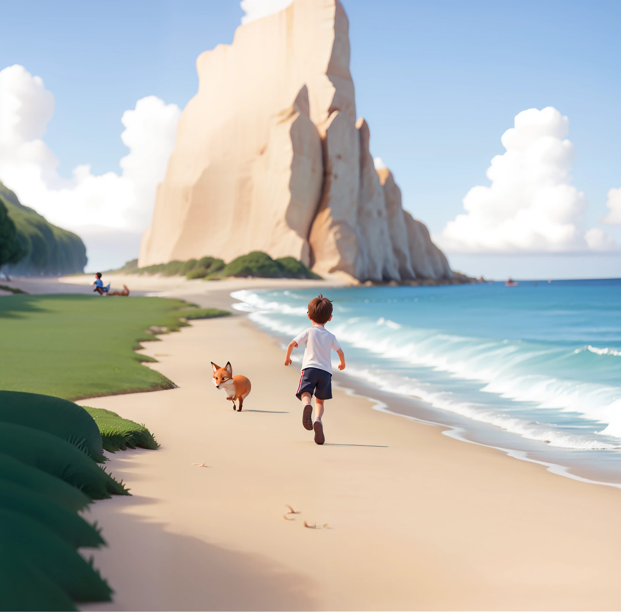 There's a boy and a fox running down the beach together