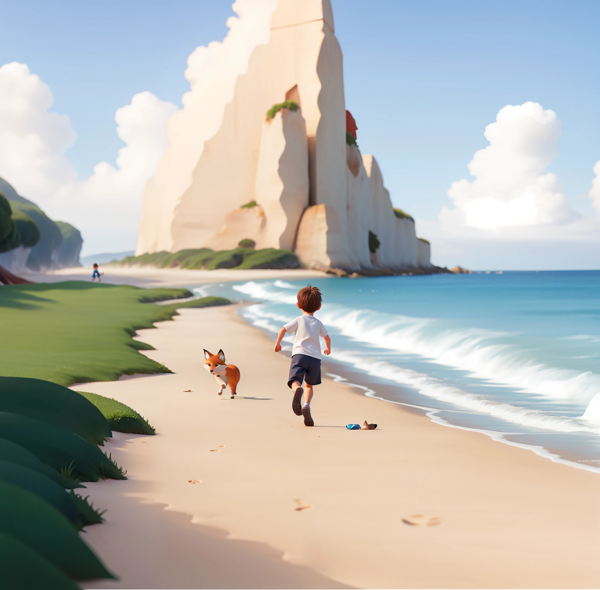 There's a boy and a fox running down the beach together