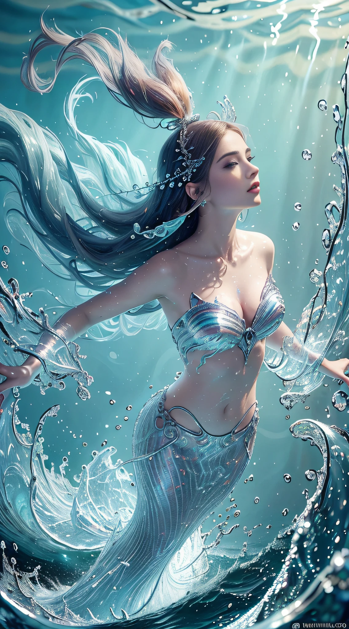 (Obra-prima, Qualidade Superior, Melhor, Arte Oficial, beautiful and aesthetic, Long exposure: 1.2), Movimento Suave, Fascinating Patterns, 1 Mulher russa adulta, Mermaid, Sardas, Olhos de Jade, Cabelo Lob Preto, Retrato, Solo, parte superior do corpo, olhar para o observador, plano de fundo detalhado, rosto detalhado, (cristalina AI, tema cristalino: 1.1), elemental water sprite, Spinning water, controlling water, magical costumes, dinamic pose, particle floating, ethereal dynamics, water, vapor, oceano ao fundo , tons azuis, costa, ethereal atmosphere,