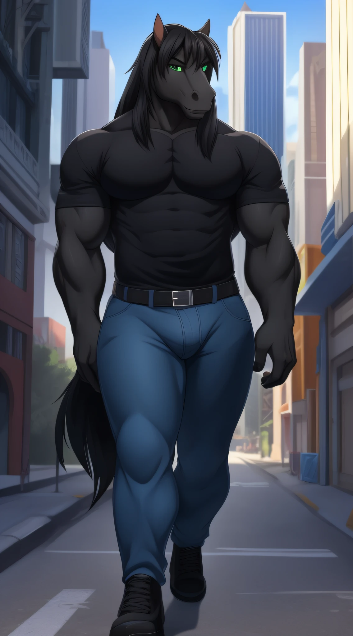 black horse, Anthro((perfect anatomy)),big butt, with blue jeans short((perfect Precision)), with bulge, male, on mid of city, walking on street, Bara((perfect precision)), long black hair((perfect quality)),green eyes((perfect quality)),anime art ((best quality)), 4k