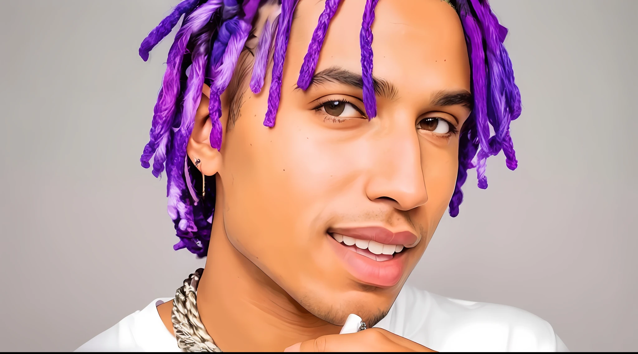 Homem arafed com dreads roxos e uma camisa branca, taken in the early 2020s, xxxtentacion, with vivid purple eyes, cor da pele roxa, purple head, cabelos coloridos, Marcos Ariano, imagem vazada, prince, Cores brilhantes, short dreadlocks with beads, Ashteroth, imagem editorial, Livros Playboi --auto