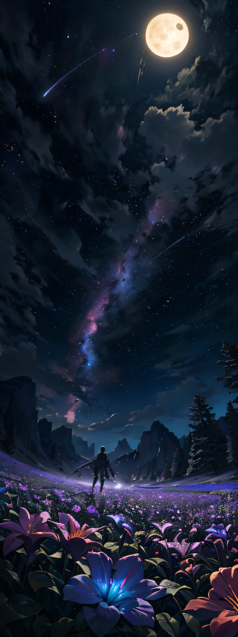 expansive landscape photograph , (a view from below that shows sky above and open field below), a girl standing on flower field looking up, (full moon:1.2), ( shooting stars:0.9), (nebula:1.3), distant mountain, tree BREAK
production art, (warm light source:1.2), (Firefly:1.2), lamp, lot of purple and orange, intricate details, volumetric lighting, realism BREAK
(masterpiece:1.2), (best quality), 4k, ultra-detailed, (dynamic composition:1.4), highly detailed, colorful details,( iridescent colors:1.2), (glowing lighting, atmospheric lighting), dreamy, magical, (solo:1.2)
