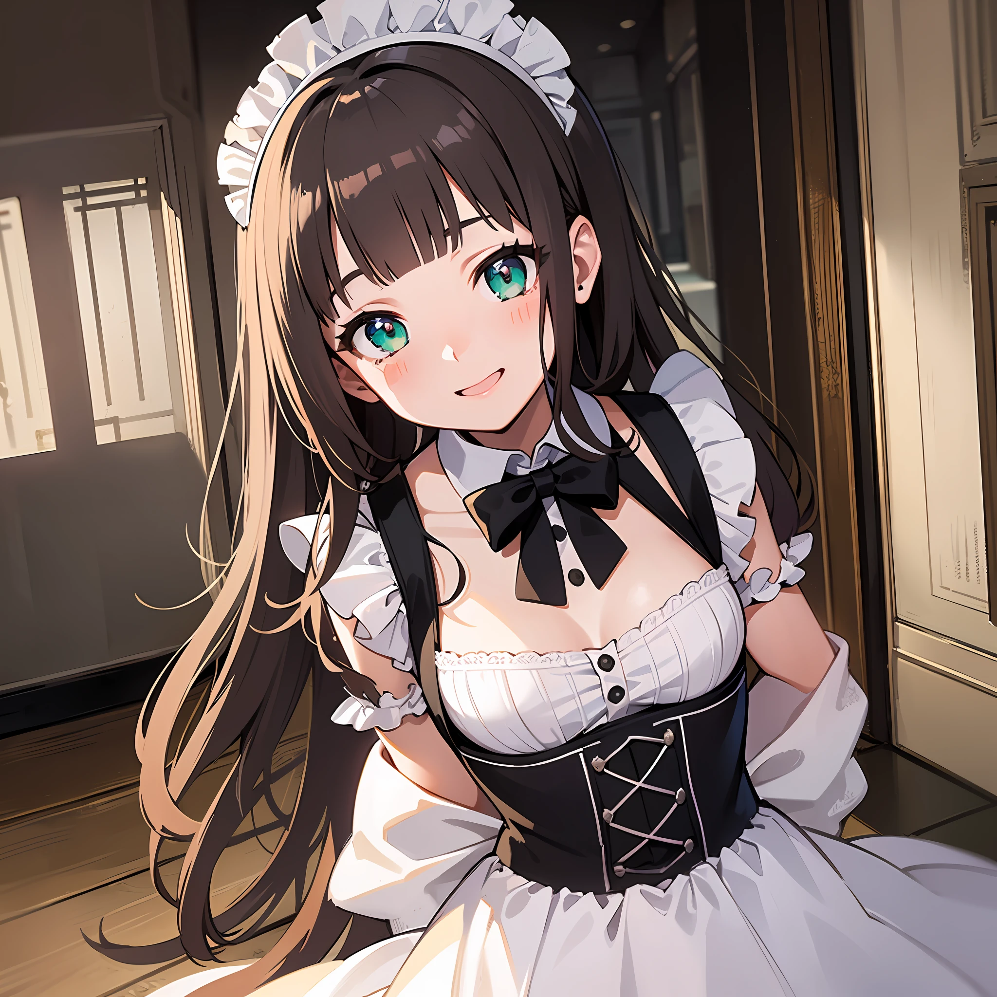 (masterpiece:1.3), (best quality:1.3), high resolution, 


couboy shot, 
head tilt, arms behind back, 

(one cute girl:1.3), solo, 
white skin, small Breast, eight-headed person, 
light brown hair, long hair, straight hair, (blunt bangs:1.2), beautiful hair, green eyes, drooping eyes, beautiful detailed eyes, 

blush stickers, cheerful smile, 

maid, 

indoors, inside the castle, luxury rooms,