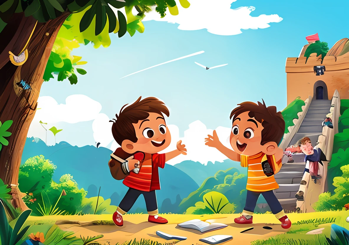 Cartoon illustration of two boys standing in front of a castle, illustration of children's books, colorful kids book illustration, illustration of children's books, illustration of children's books, illustration of children's book, children illustration, illustration of children's book, illustration for children's book, illustration for children, childrens illustration, story book illustration, Game Illustration, Cartoon style illustration, Children's illustration, story book design --auto