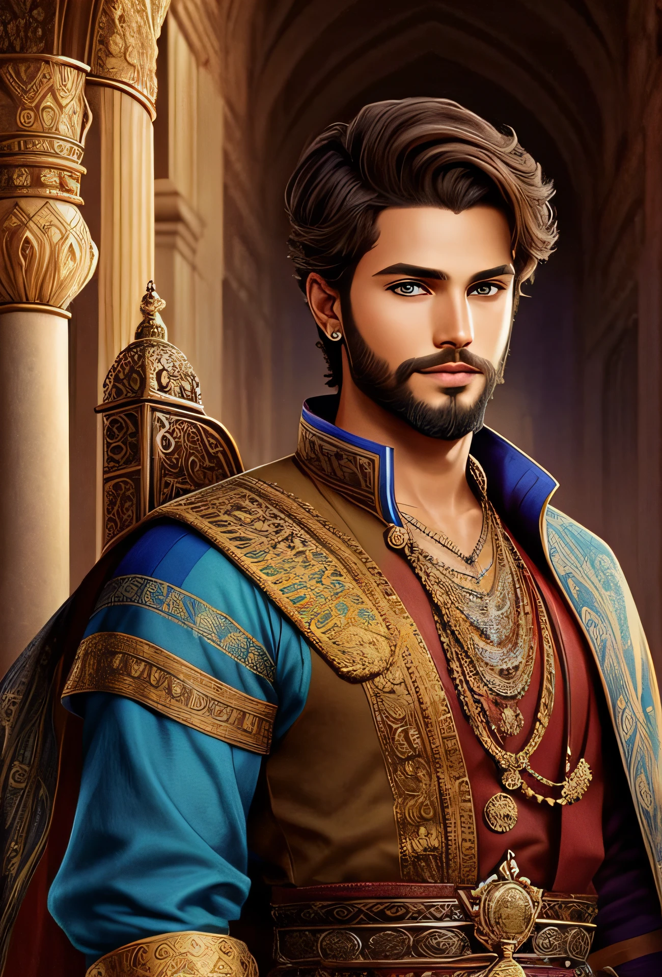 a young prince named Siddhartha,man with short beard,portrait, fantasy male portrait, rpg portrait concept art, fantasy concept art portrait, epic portrait illustration, detailed character portrait, blue eyes, short hair, brown hair, dungeons and dragons character, high detail ,who lived a life of luxury within the palace walls. However, his heart yearned for a deeper meaning beyond material possessions and transient pleasures. He decided to embark on a quest for truth and set out on a journey that would change his life forever