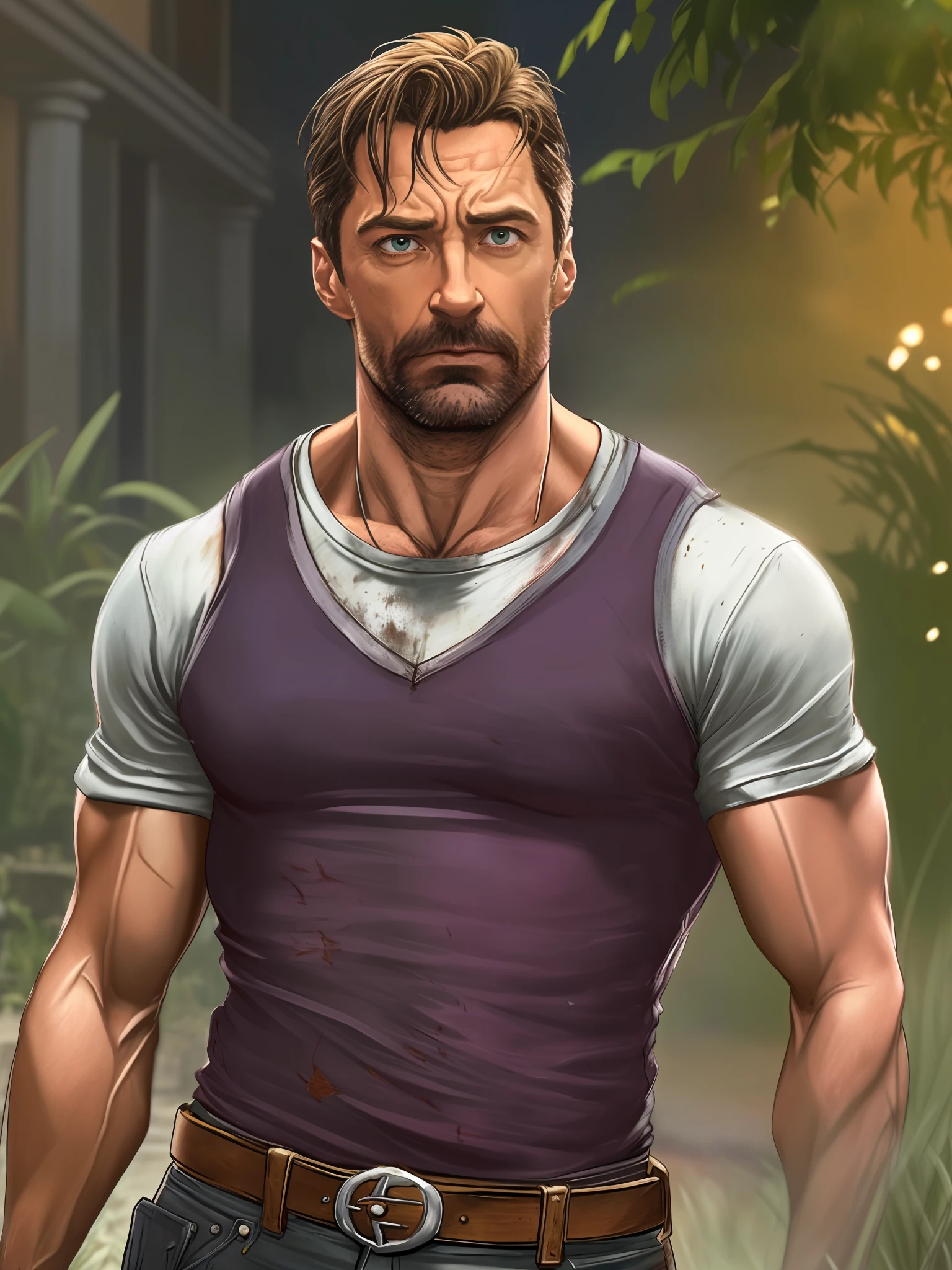 "Vieil homme Logan" Hugh Jackman, Glouton, X-Men, Homme de 50 ans, wearing dirty clothing, Shredded white T-shirt, in a fallow garden, Background lighting, Very detailed, photoreallistic, Film de Quentin Tarantino, film noir, Chef d'oeuvre