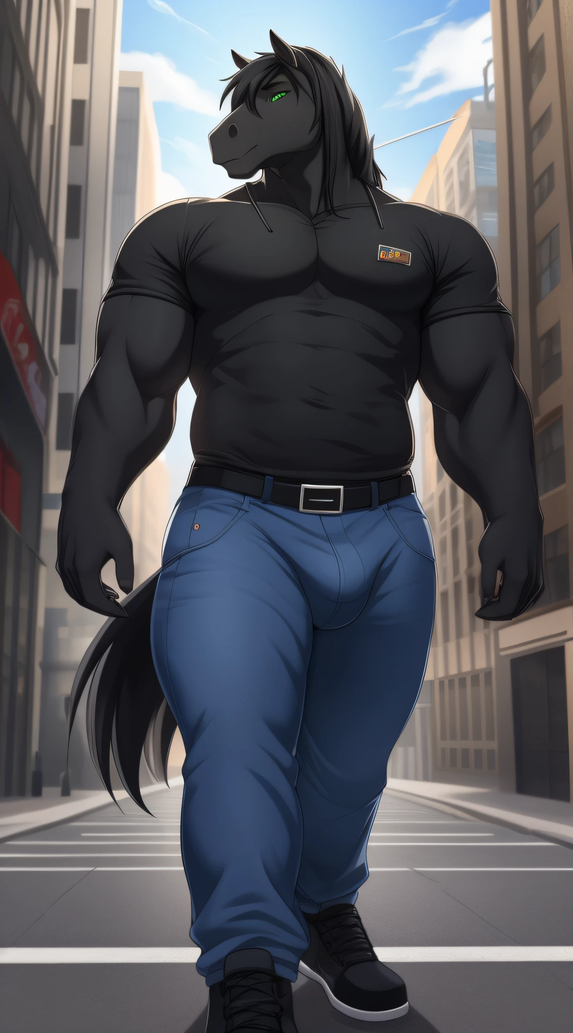 black horse, Anthro((perfect anatomy)),big butt, with blue jeans short((perfect Precision)), with bulge, male, on mid of city, walking on street, Bara((perfect precision)), long black hair((perfect quality)),green eyes((perfect quality)),anime art ((best quality)), 4k