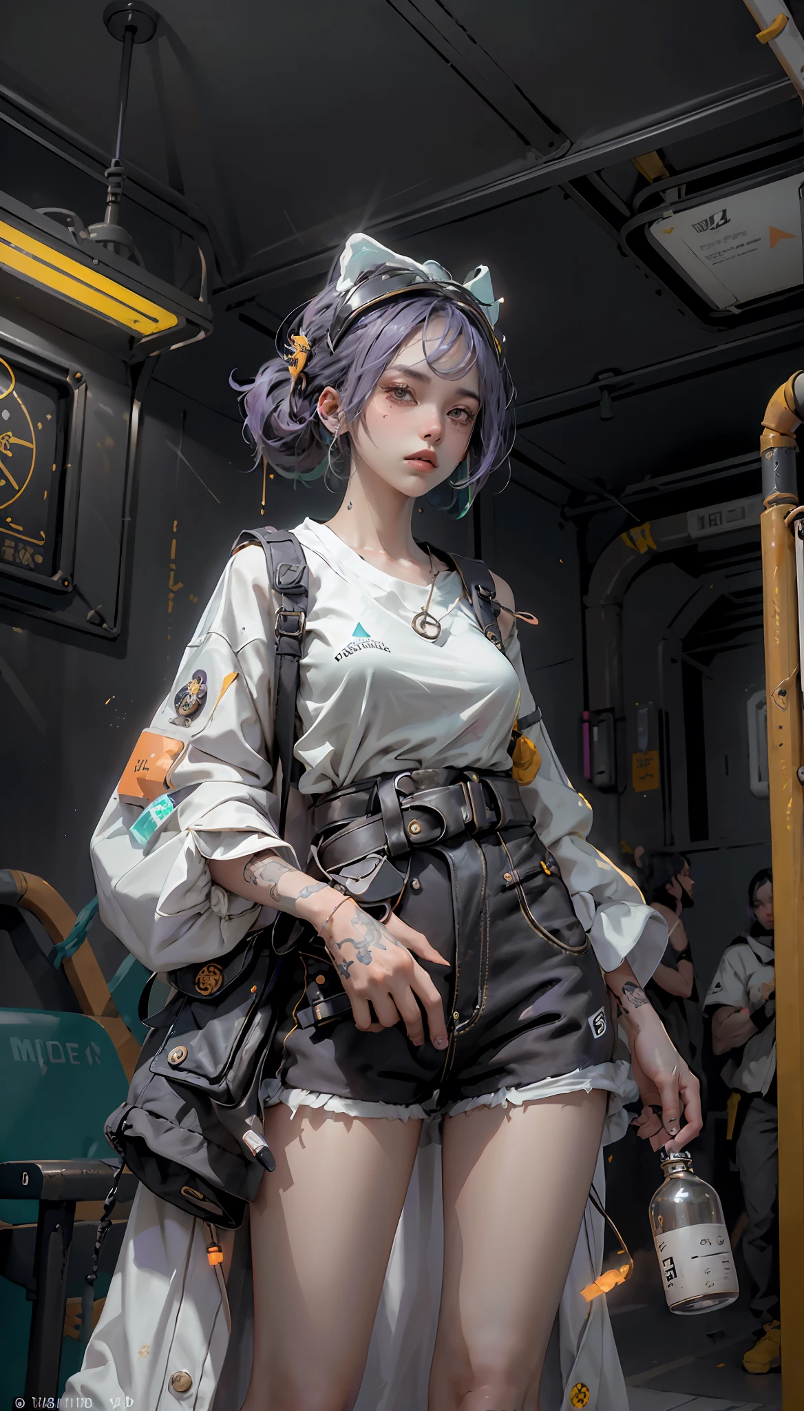 a foreboding scene, maiden with an open kimono and a old stretched white tshirt underneath, she has bioluminescent purple tattoos on her skin, bangs, black shorts, holding a flask with a magical nebula trapped inside, c, standing in a subway car, alchemy gadgets hanging from belt, cyberpunk, dystopian, blade runner`