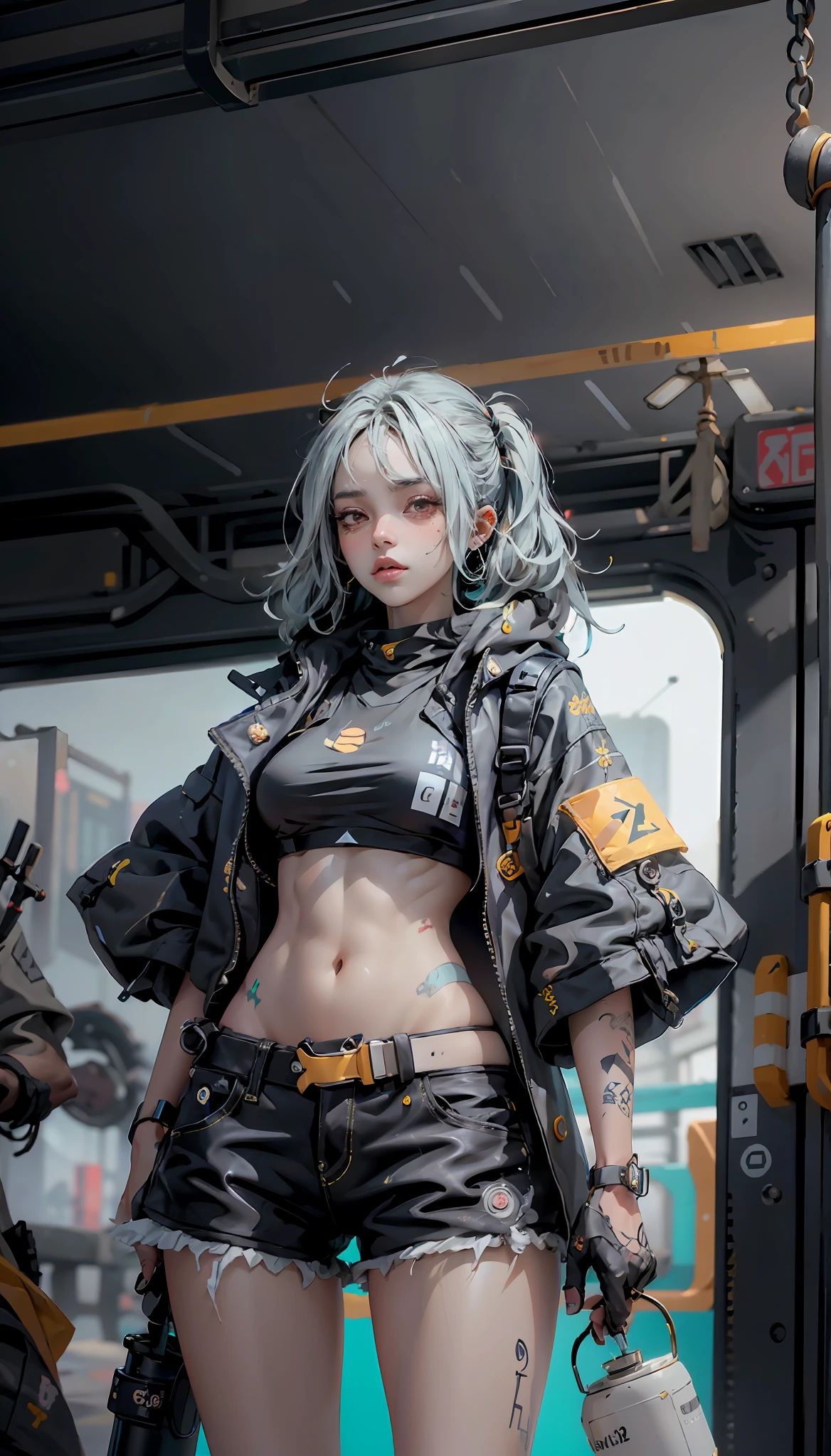 a foreboding scene, maiden with an open kimono and a old stretched white tshirt underneath, she has bioluminescent purple tattoos on her skin, bangs, black shorts, holding a flask with a magical nebula trapped inside, c, standing in a subway car, alchemy gadgets hanging from belt, cyberpunk, dystopian, blade runner`