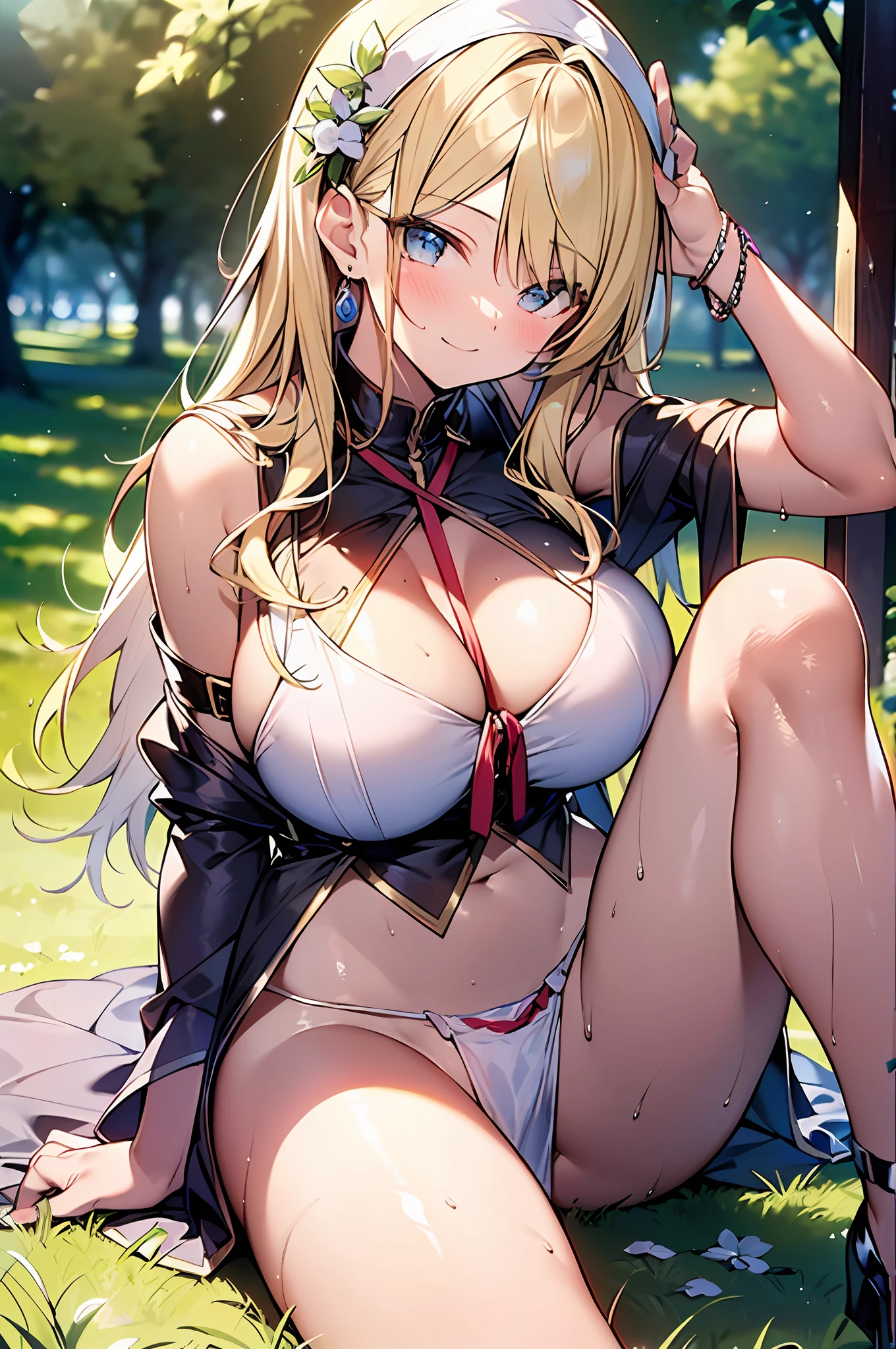 ((A very cute sitting on floor, and wearing a white silk extreme micro string, a loincloth of white silk string, in a beautiful park)), ((smug look)), (big breasts :1.4), (open her legs), ((public hair)), wearing white wet panties, 8k, RAW photo, masterpiece, best quality, (a beautiful lolih beautiful gorgeous light blonde hair, white skin, beautiful soft big breasts
