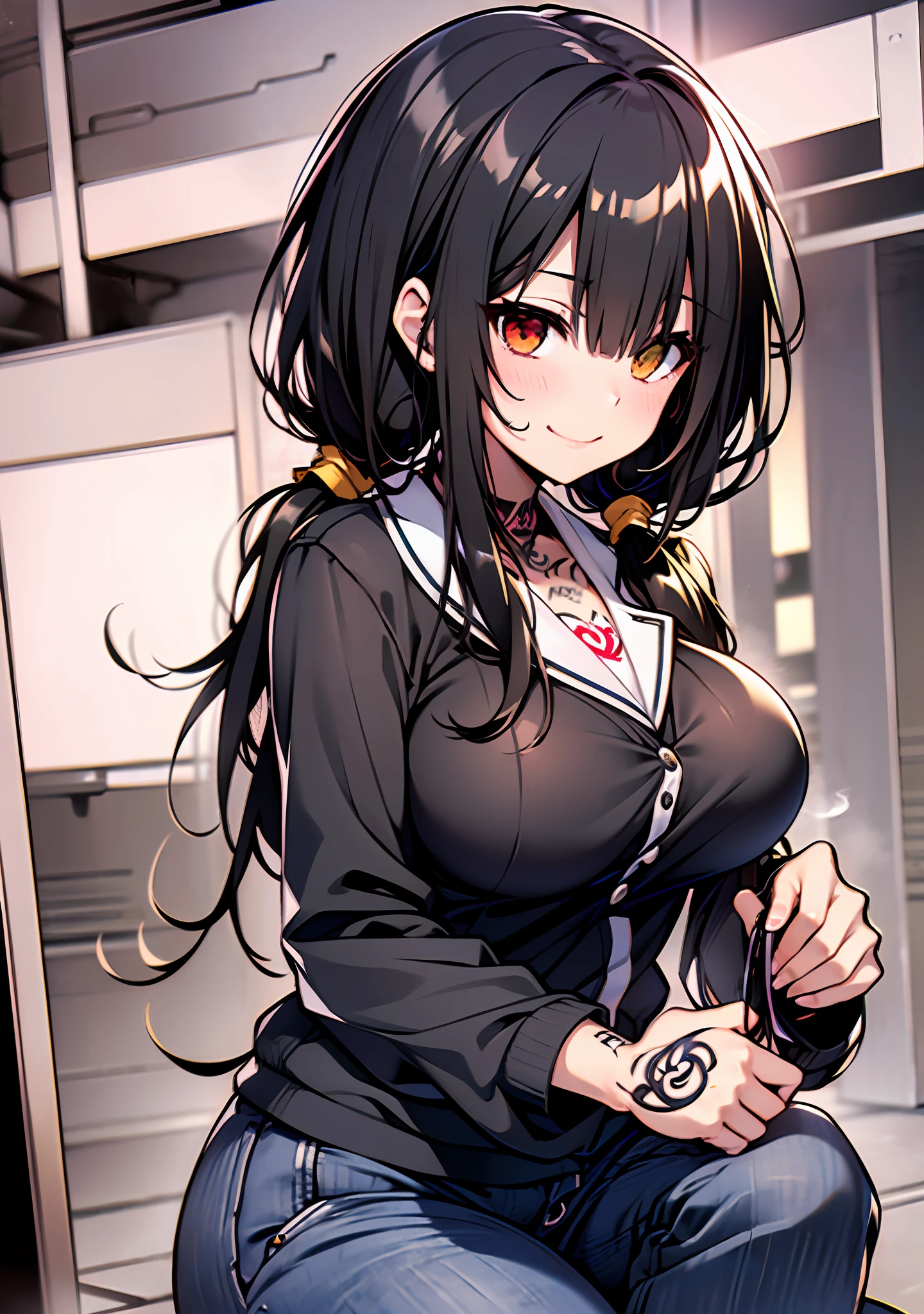 Masterpiece, high quality, ultra quality, best lighting, 1girl, ((tokisaki kurumi)), long hair, black hair, (((low twintails))), monochrome, ((right red eye:1, left yellow eye:1)), school uniform, ((mini school uniform)), ((mini pants)), ((big breast)), ((big thigh)), smile, smoking, blush, cute face, ((gesugao face)), sitting, sexy body, sexy, tattooed full body, tattooed face, (((tattooed))),looking at viewer, large the breast, nsfw, in the class, ((class))