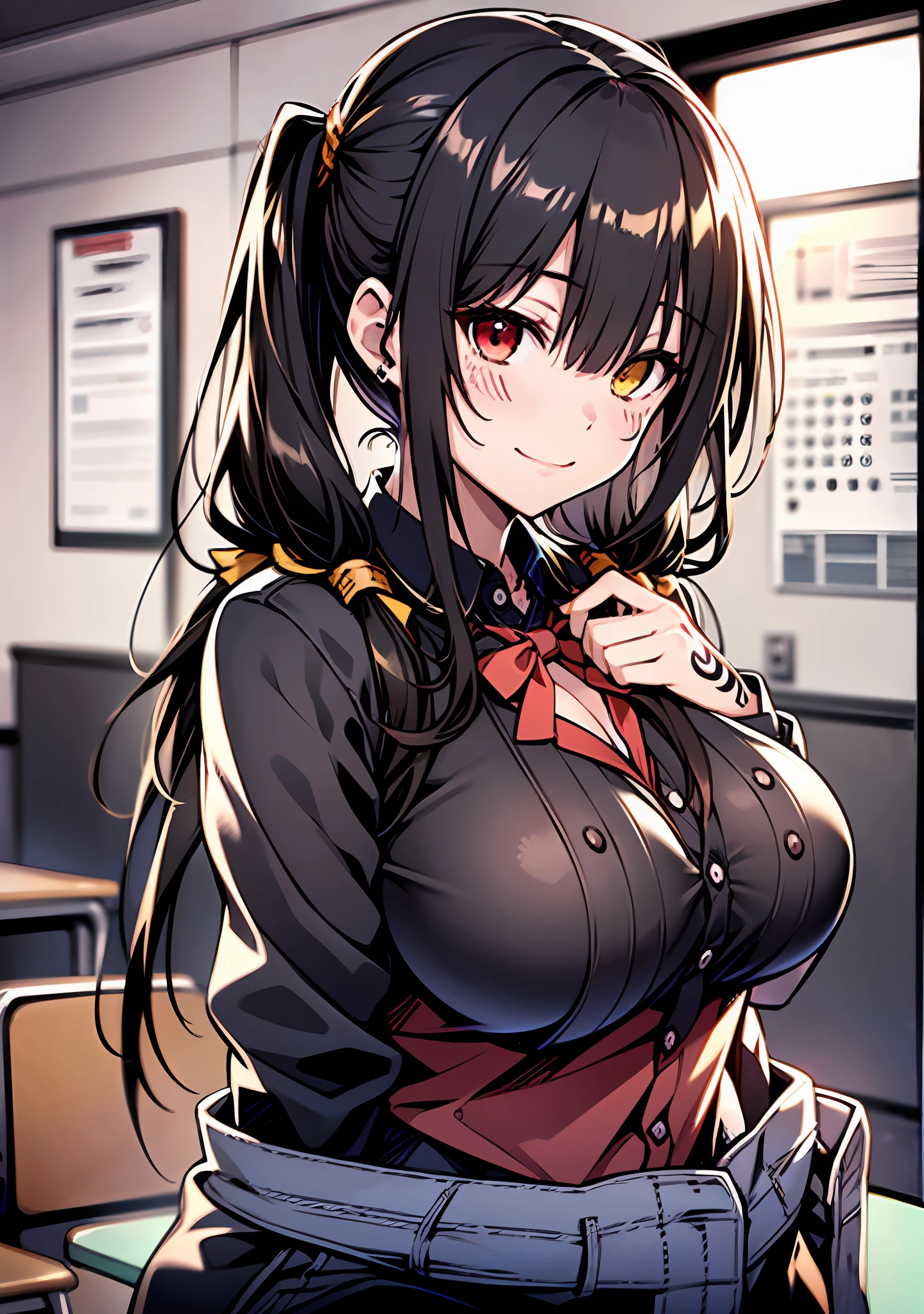 Masterpiece, high quality, ultra quality, best lighting, 1girl, ((tokisaki kurumi)), long hair, black hair, (((low twintails))), monochrome, ((right red eye:1, left yellow eye:1)), school uniform, ((mini school uniform)), ((mini pants)), ((big breast)), ((big thigh)), smile, smoking, blush, cute face, ((gesugao face)), sitting, sexy body, sexy, tattooed full body, tattooed face, (((tattooed))),looking at viewer, large the breast, nsfw, in the class, ((class))