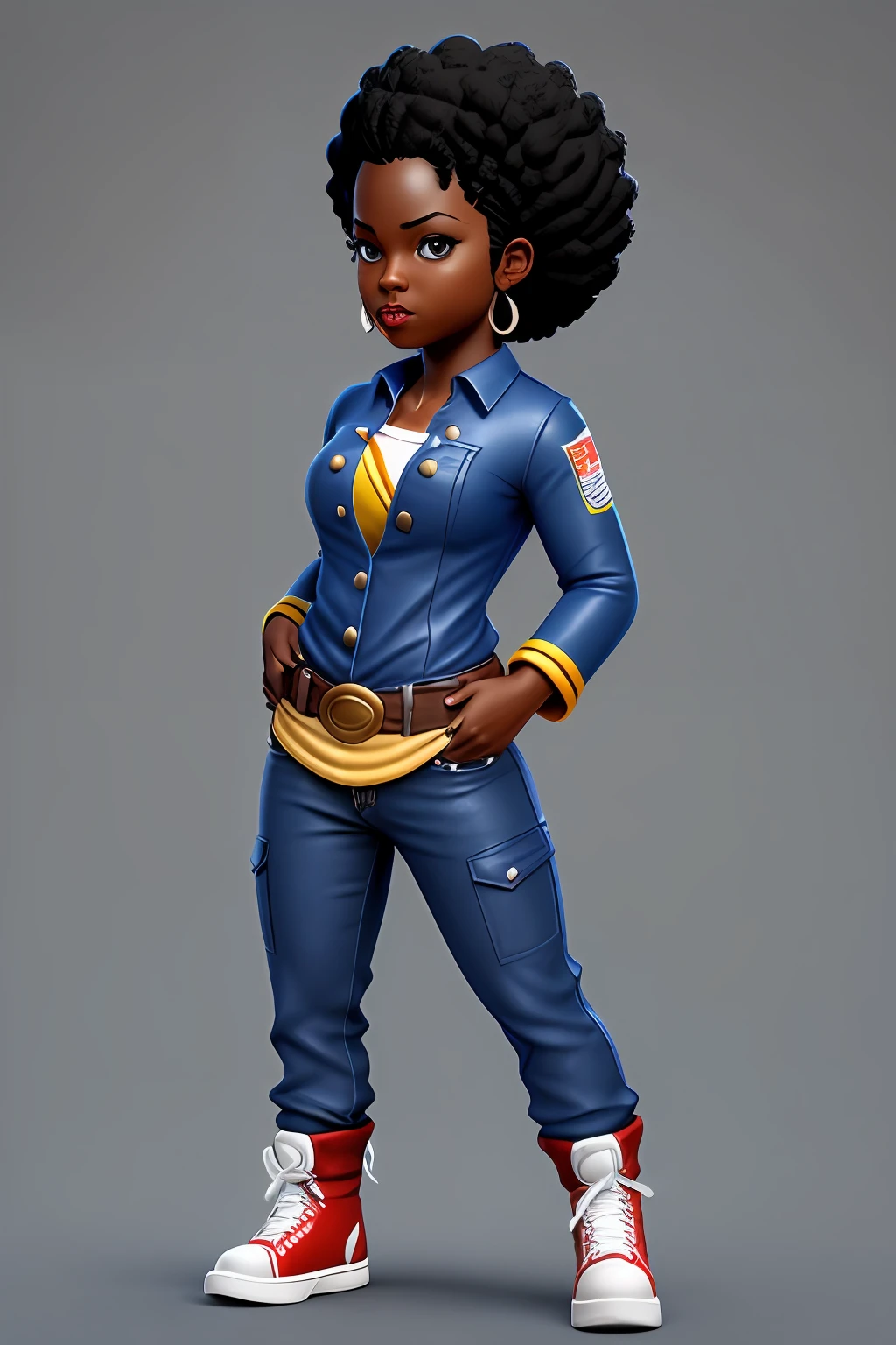 Female character with black power hair in plumber's outfit that shows full body side profile