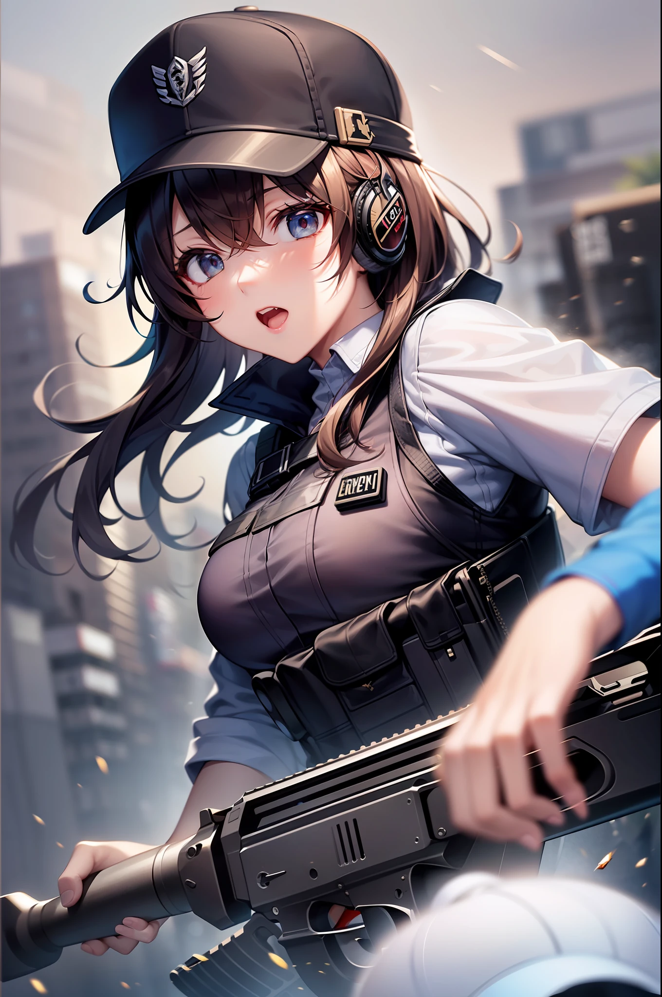 (((dynamic blur))),tmasterpiece,最好质量,HighestQuali,(Hyper-Resolution),Animation style,Solo,A woman who is,Baseball cap and bulletproof vest,protective goggles,Tactical headsets,(((With an assault rifle that opened fire))),(Perfect upper body for women)
