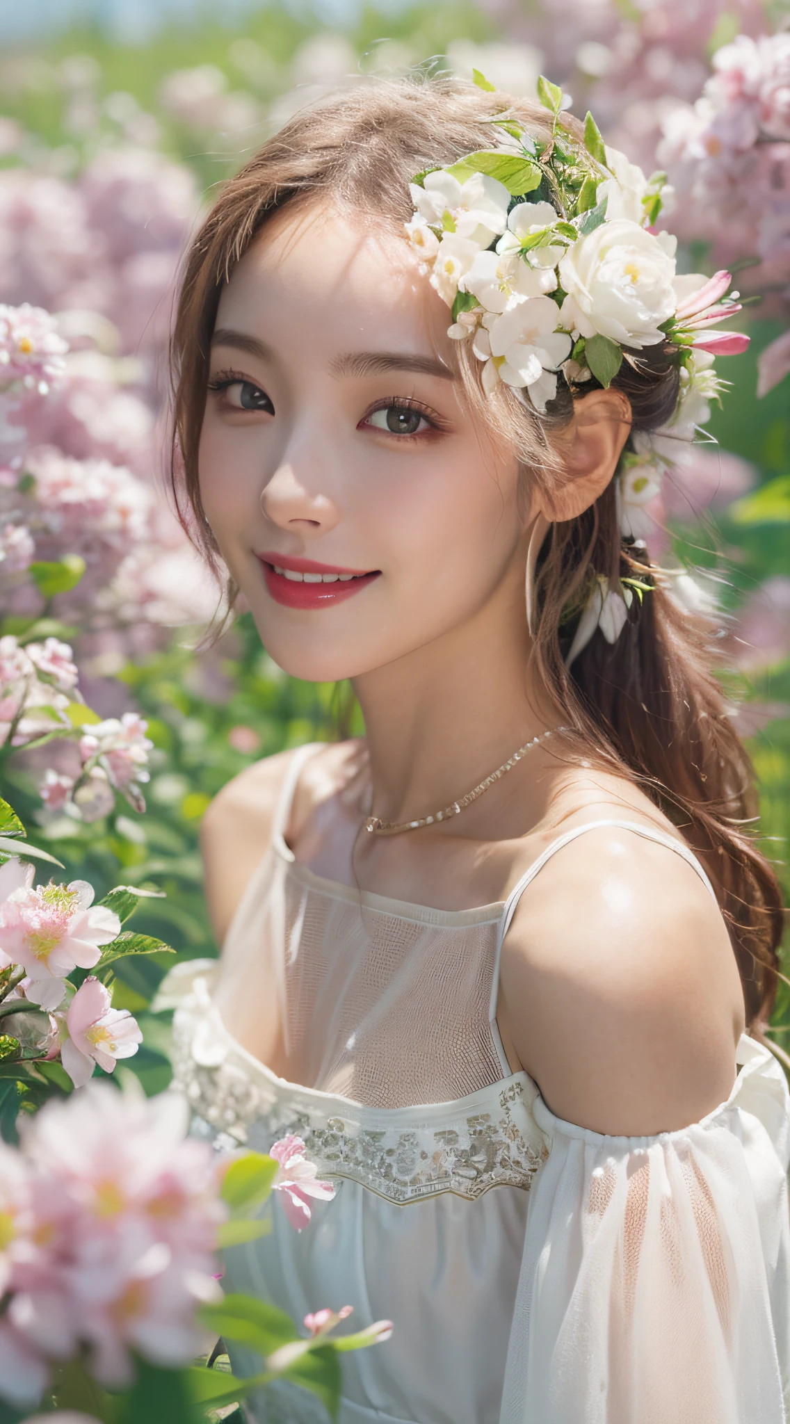 Best quality, masterpiece, ultra high res, (photorealistic:1.4), raw photo, 1girl, white dress, off shoulder, blossom flower field, glowing skin, light smile