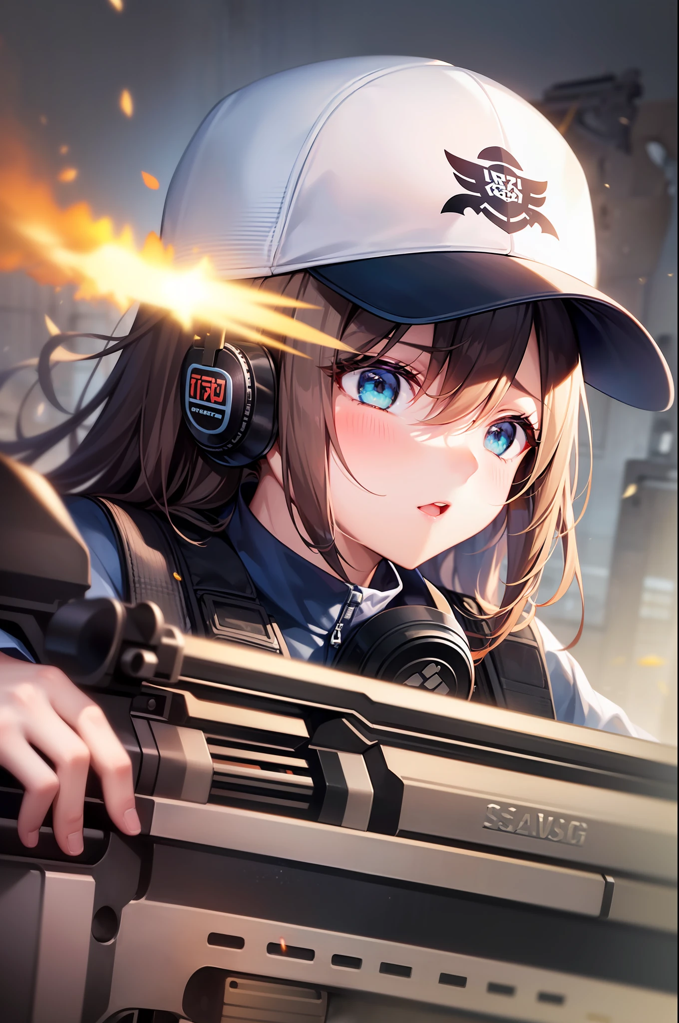(((dynamic blur)))，tmasterpiece，最好质量，HighestQuali，(Hyper-Resolution)，Animation style，Solo，A woman who is，Baseball cap and bulletproof vest，protective goggles，Tactical headsets，(((With an assault rifle that opened fire)))，(Perfect upper body for women)