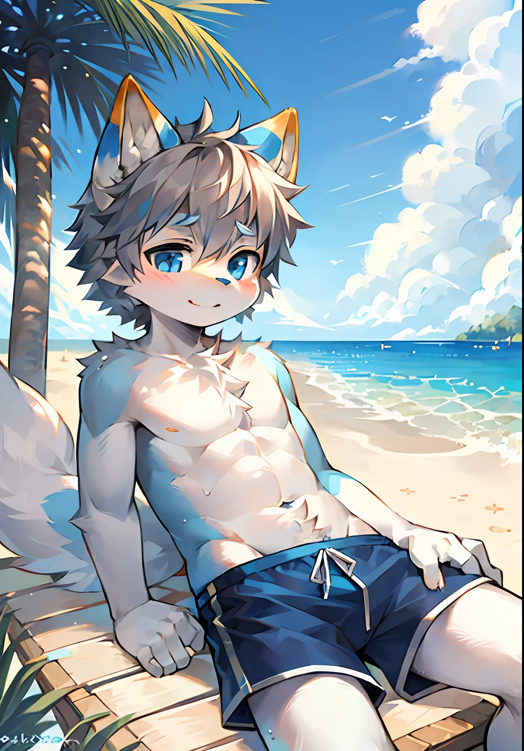 shaggy, Full Body Furry, Fluffy tail, White fur,With blue pattern, Blue eyes, Gray hair:1.2),younge boy,swim trunks,In the daytime,sandbeach,having fun,Around 8