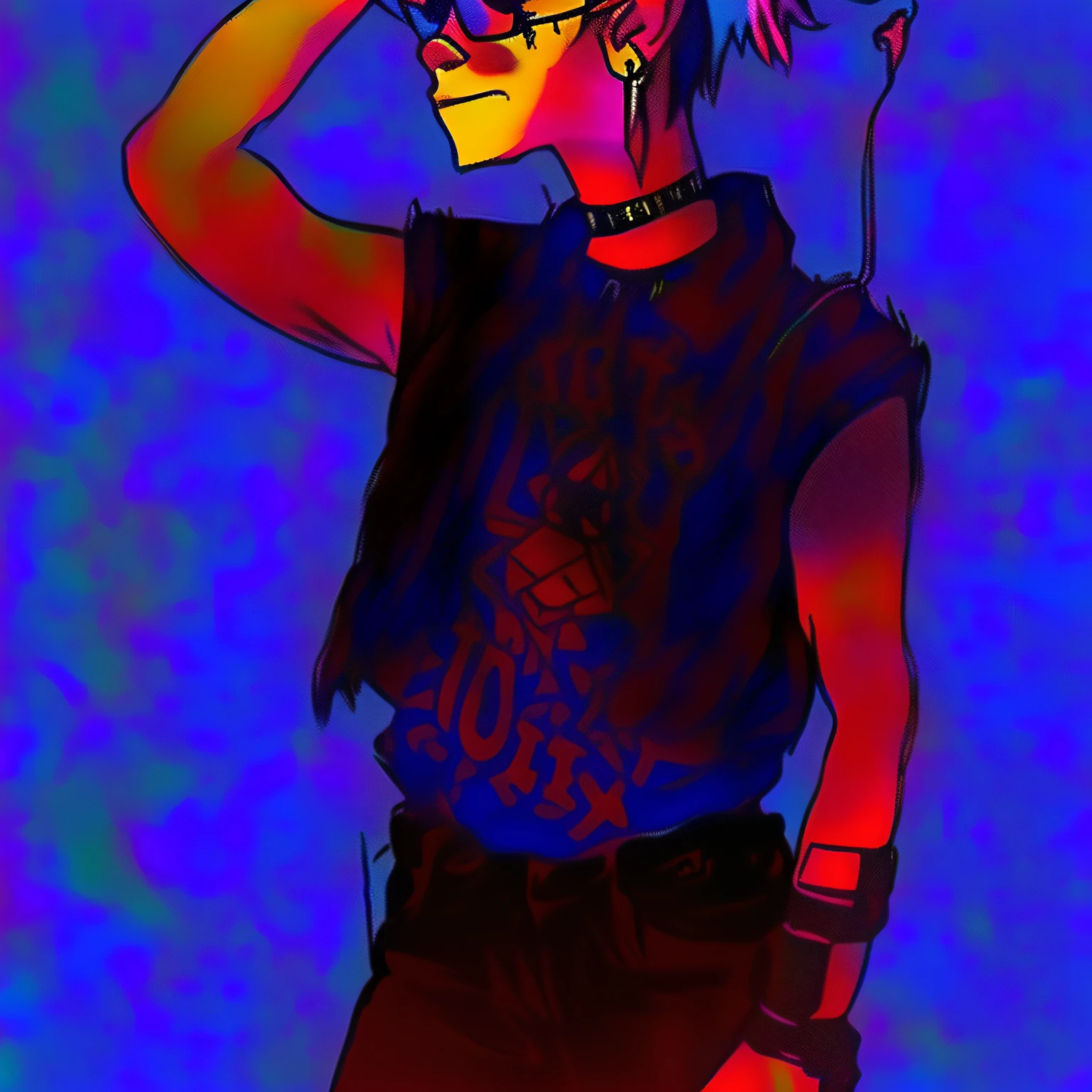 A closeup of a person with a hat and glasses, 2 d estilo anime, punk neon escuro, usando uma roupa punk, 8 0 s vibe anime, estilo gorillaz, vestido com roupas punk, 2 D Gorillaz, Estilo 2D, punk-roqueiro, 2 d de gorillaz, 2d de gorillaz, 8 0 s estilo anime, 2 d arte --auto