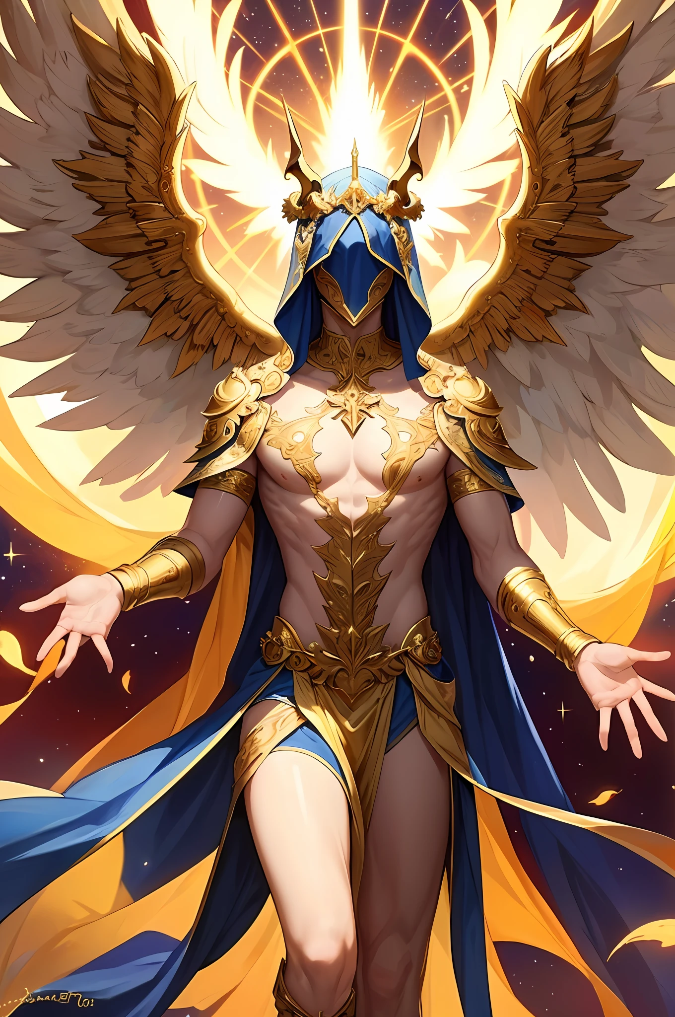 metatron, 6-winged seraph, wings covering his face, he is floating, celestial aura, small golden horns, face covered with wings, male, huge wings