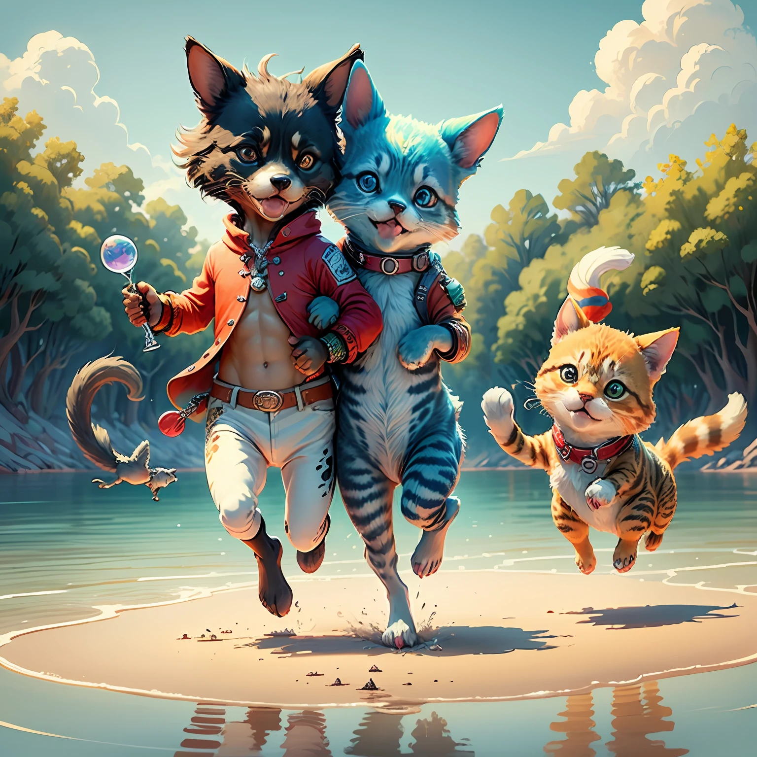 Create a colorful and whimsical cimet print with a variety of different animals. The animals must be interacting with each other in a fun and playful way. The background of the print must be a bright and cheerful color. The overall effect should be an attractive and exciting impression.Here are some specifics you can add to the prompt to make it more specific: Animals in the print must include a cat, dog, bird, and fish.
The cat and the dog must chase each other around a tree.
The bird should be flying overhead, dropping feathers on the cat and dog.
The fish must be swimming in a lake, laughing at the cat and the dog.
The background of the print must be sky blue.
The overall effect of the print should be a fun and lighthearted celebration of animal friendship and antics. --auto