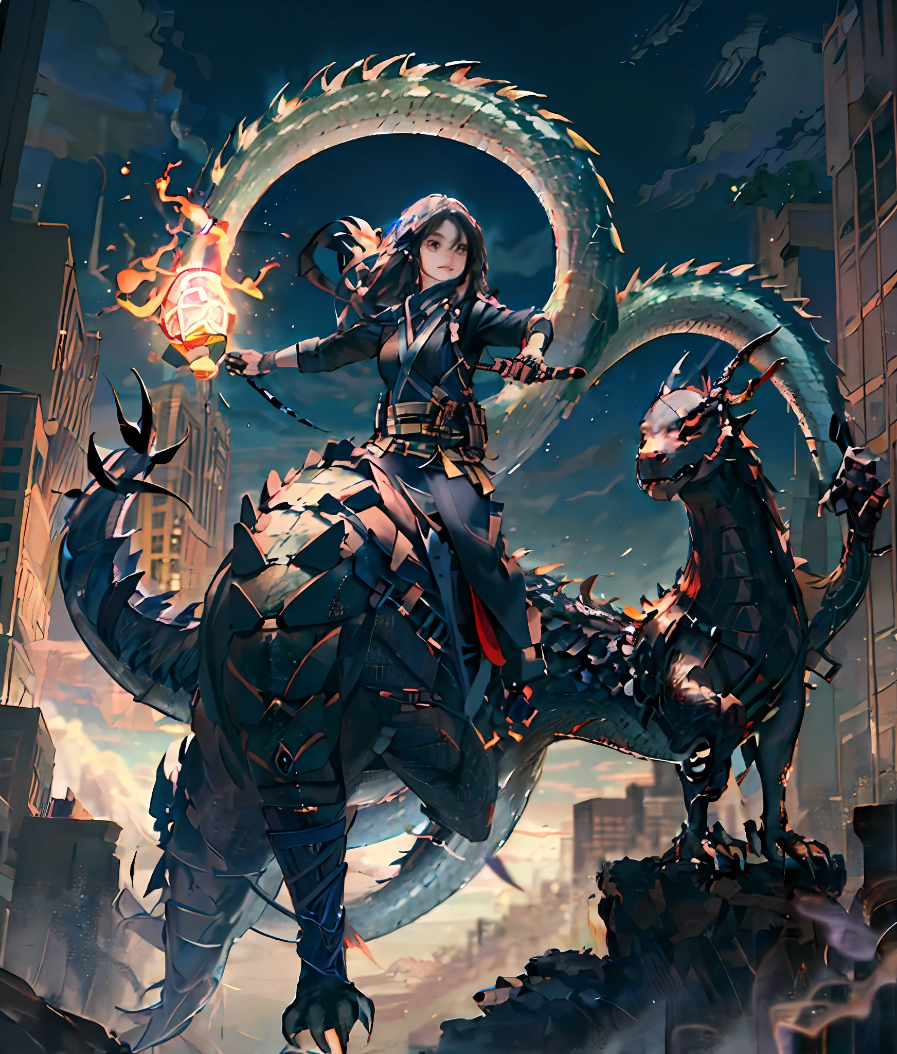 ((HD quality)), ((1Girl)), ((female ninja)), 15 years old, fair skin, ((riding a dragon)), flying over buildings, night scene.