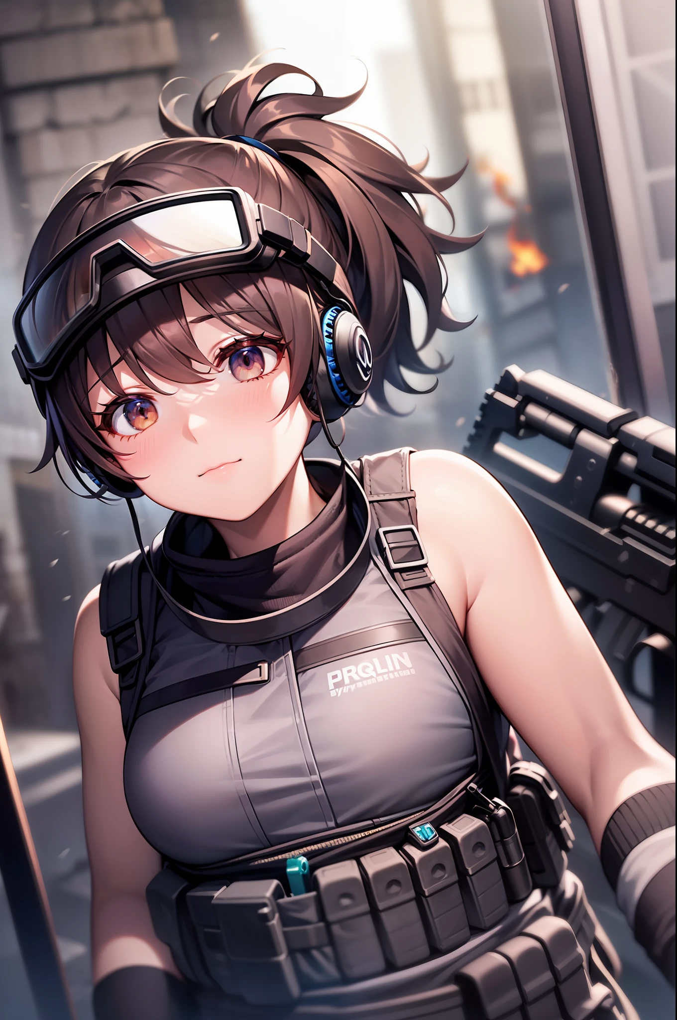 (((dynamic blur)))，tmasterpiece，最好质量，HighestQuali，(Hyper-Resolution)，Animation style，Solo，A woman who is，pony tails，Short shirt and bulletproof vest，Protective goggles，Tactical headsets，(Fire from assault rifles)，(Perfect upper body for women)，Streets of ruins
