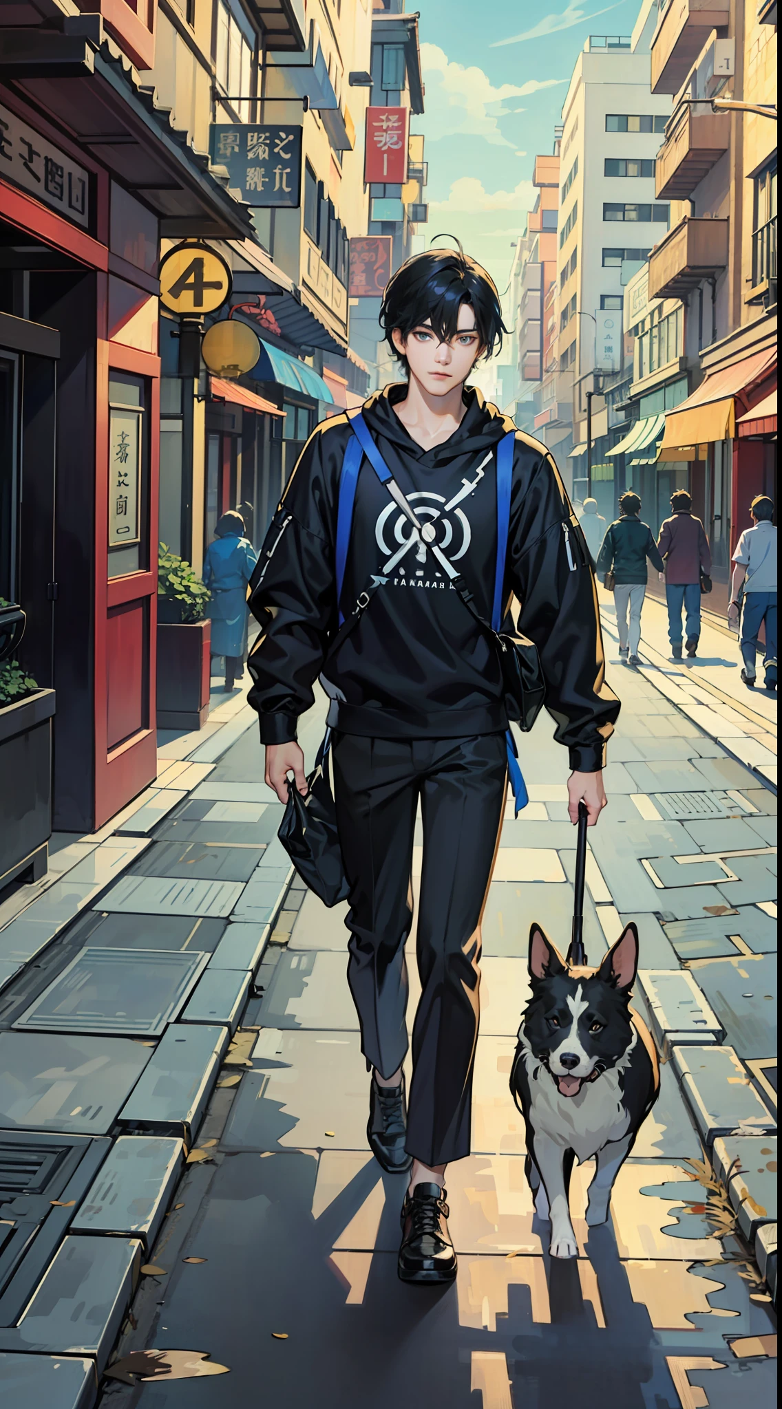 best qualtiy：1.0），（超高分辨率：1.0），Anime man holding a -yead girith short black hair，blue color eyes，Walk the street，The background is on the street，