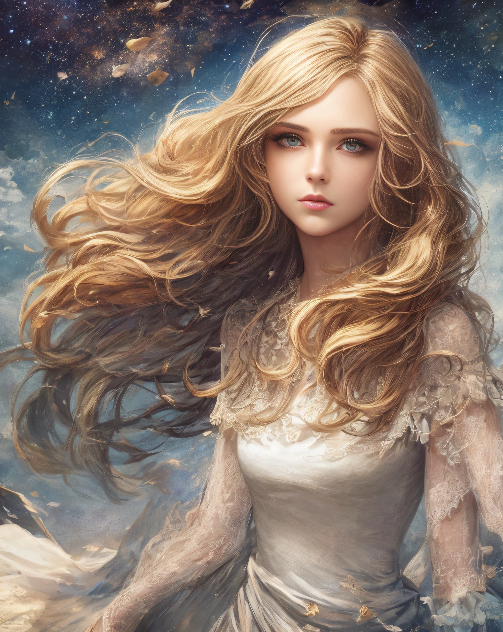 (best quality, masterpiece), young woman, pose, particle, wind, flower, upper body, simple background, looking at viewer, long curly windblown blonde hair, galaxy,backlit,rimlight,beautiful artwork,perfect composition