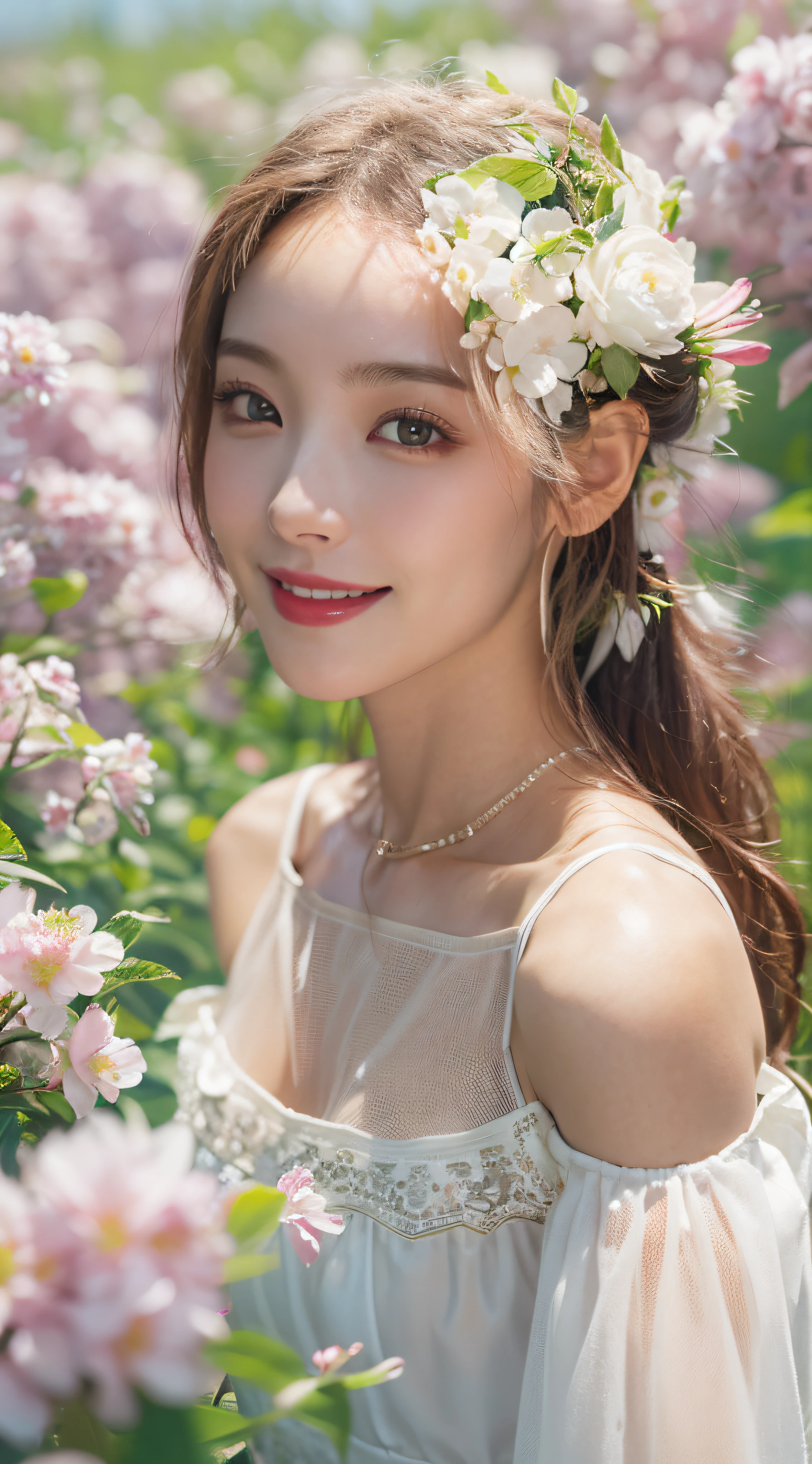 Best quality, masterpiece, ultra high res, (photorealistic:1.4), raw photo, 1girl, white dress, off shoulder, blossom flower field, glowing skin, light smile