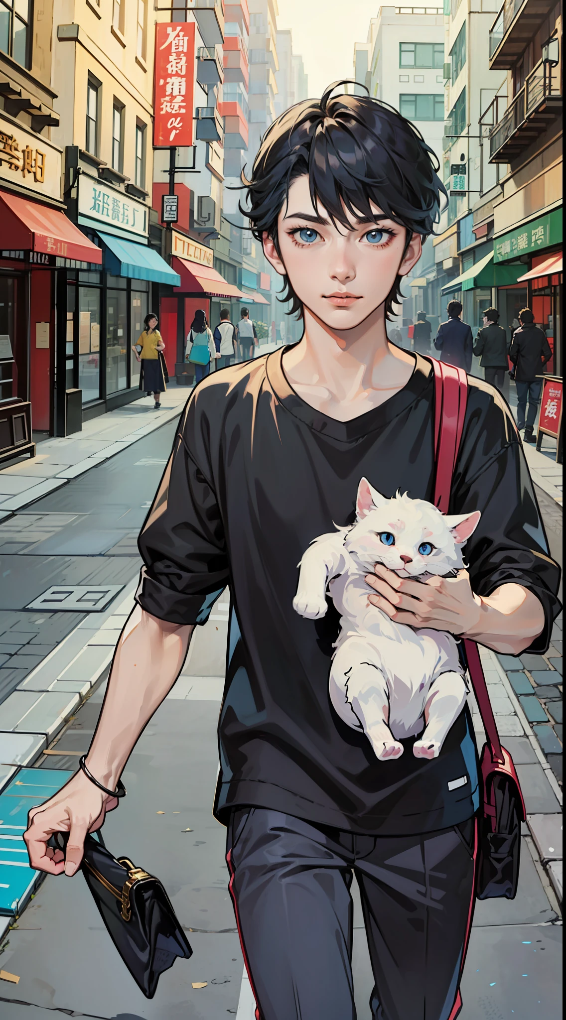best qualtiy：1.0），（超高分辨率：1.0），Anime man holding a ten-year-old girl，with short black hair，blue color eyes，Walk the street，The background is on the street，