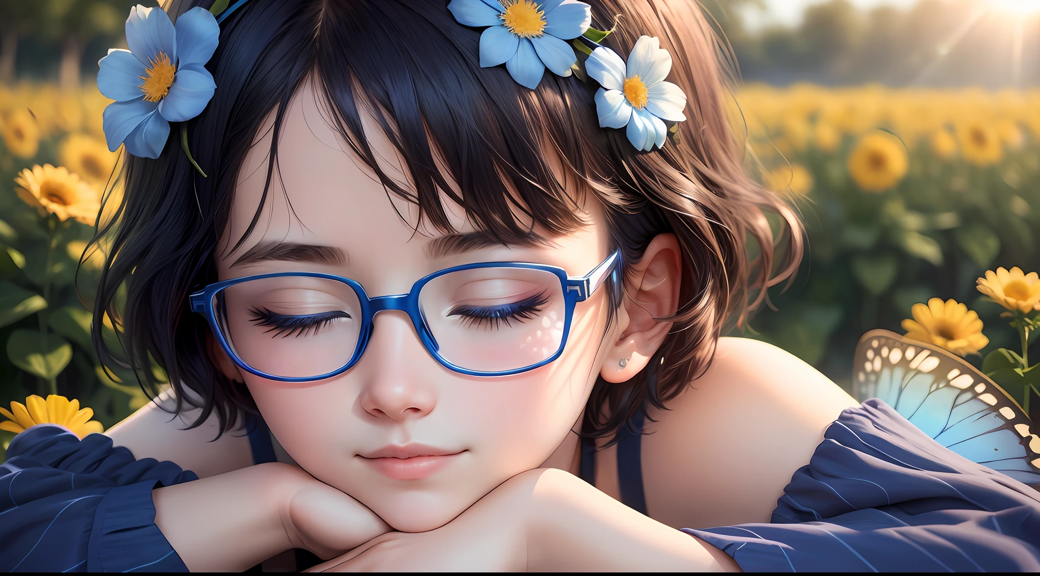 (A high resolution,High illumination,4K),blue rimmed glasses,Long face,1boys,the face,Detailed face,eBlue eyes,Flower garden,Very short hair,She has a butterfly on her head,close-up face,The sun at noon,ssmile,:),looking at viewert,Close range - intensity,Blue shirt,Eyes half-closed,