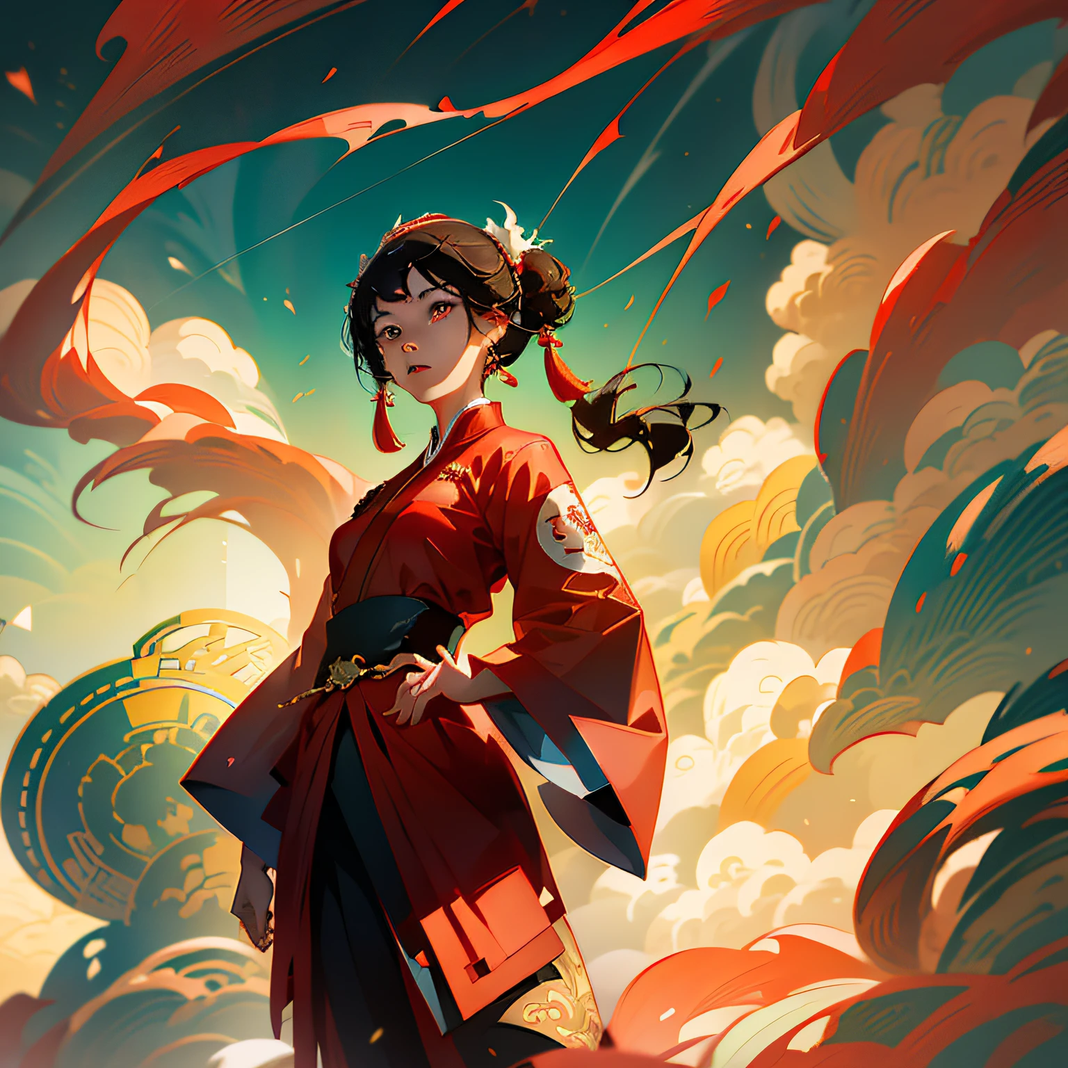 Anime characters with a red background and red circles, Guviz-style artwork, Japanese art style, Artgerm and Atey Ghailan, style of anime4 K, Beautiful character painting, Palace , A girl in Hanfu, Anime style illustration, Digital anime illustration, Chinese goddess, Anime style portrait, Guviz, demon slayer rui fanart --auto