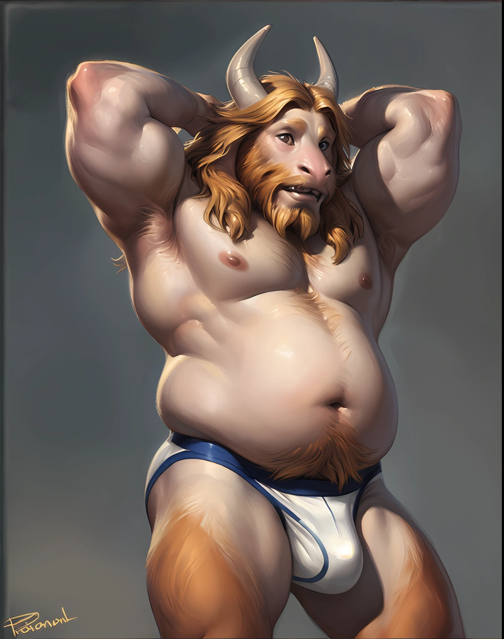 solo, anthro (goat), male, adult, photorealistic, hyperrealistic, ultradetailed, natural pose, standing, by personalami, by honovy, by thebigslick, by taran fiddler, by pixelsketcher, correct hands, bulge, nips, (oily:1.3), grey wall background, detailed eyes, big lips, (beefy:1.2), (bulky:1.2), white briefs, five fingers, overweight, arms behind head, ((asgore dreemurr))