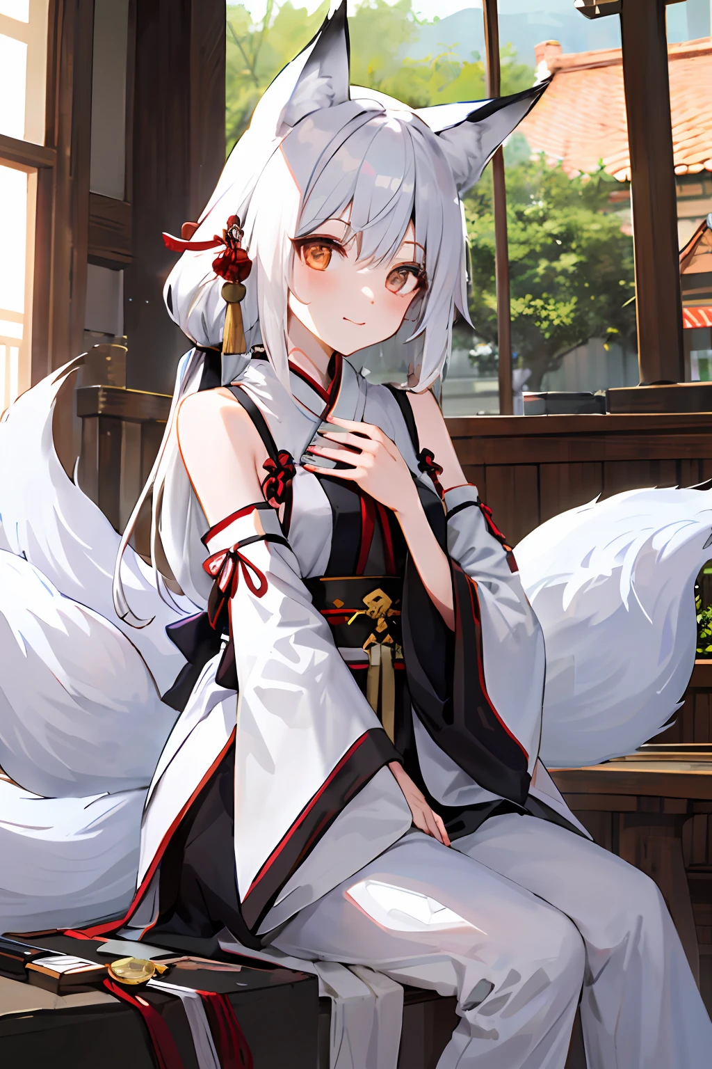 Two-dimensional humans，female pervert，whaite hair，Wolf ears，Wolf tail，Be red in the face，is shy，looking at you