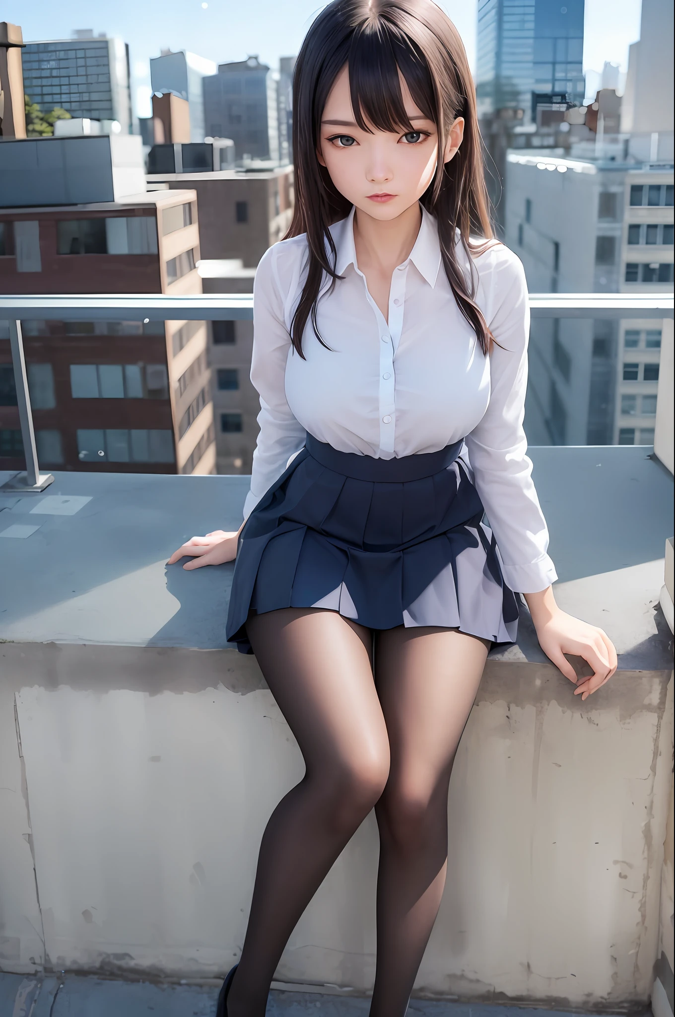 Masterpieces，best quaity，hyper-detailed，illustartion，Colorful，Falt color，depth of field，lens flare，1girl，animetic，Sit，Dark hair，looking at the viewer，school，classroom，Pleated miniskirt，schooluniform，serafuku，black pantyhose，Detailed skin texture，Fine cloth texture，Nice and delicate face，((midnight, Need, 8k, Masterpieces:1.3)), All over body, Long legs, focal length:1.2, Perfect body beauty:1.4, Slim abs:1.1, ((Dark brown hair, big boobs:1.2 )), (swimsuit, stand:1.2), ((Night view of the city, rooftop:1.3)), Highly detailed facial and skin texture, Detailed eyes, Double eyelidd