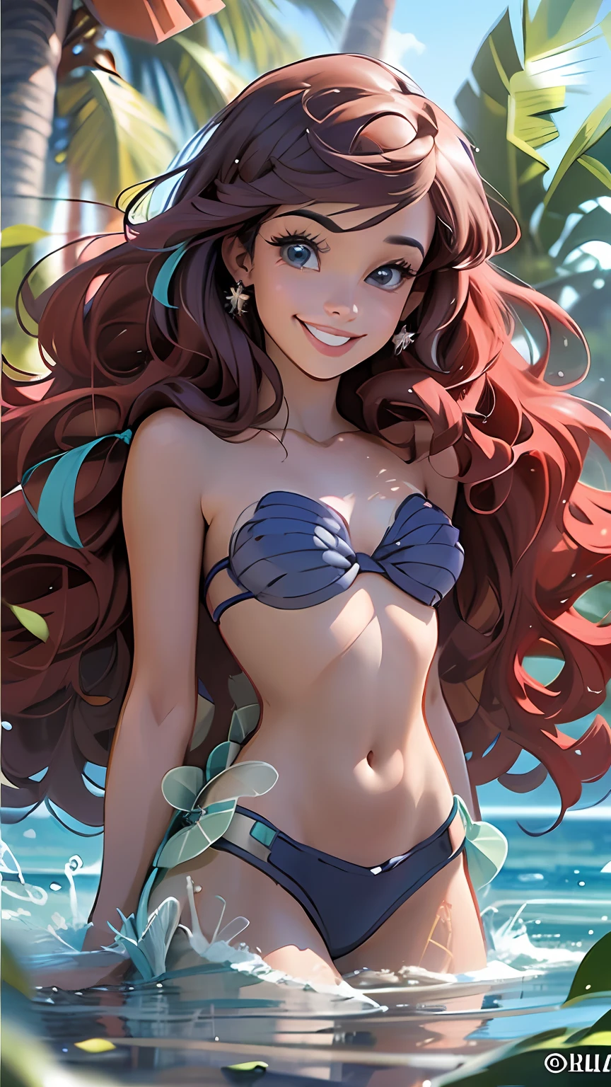 (mejor calidad, obra maestra), 1chica, cabello rizado, cabello ROJO brillante ondulado, sonrisa amplia, bikini morado brillante, ocean, en agua, mojado, sol, cabello largo, viento,